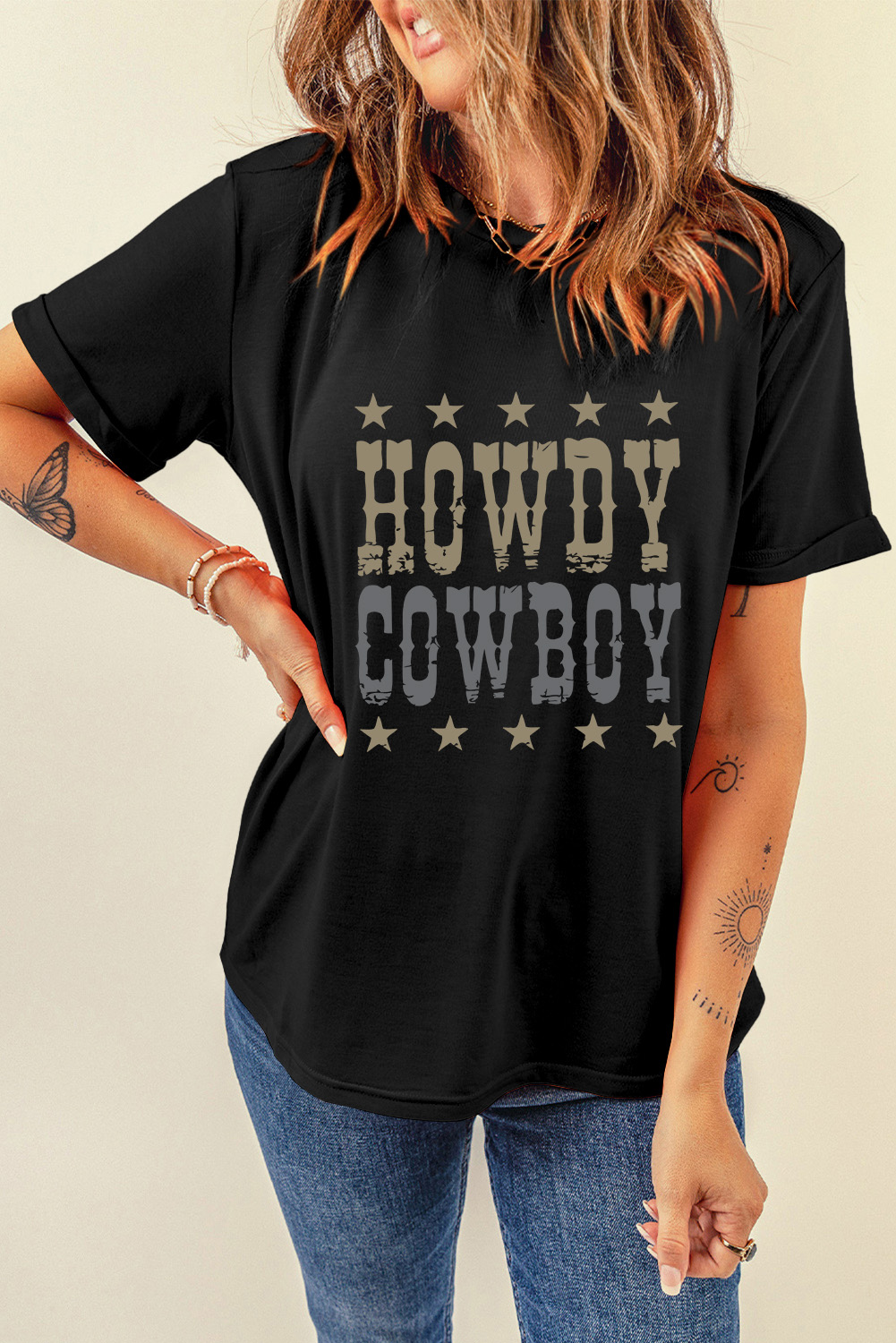 Black HOWDY COWBOY Star Print Crew Neck Loose T Shirt - loveforevers