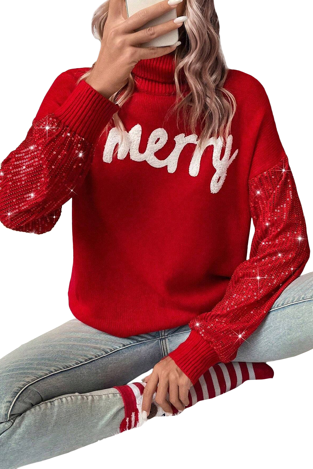 Racing Red Merry Graphic Sequin Sleeves Christmas Turtleneck Sweater - loveforevers