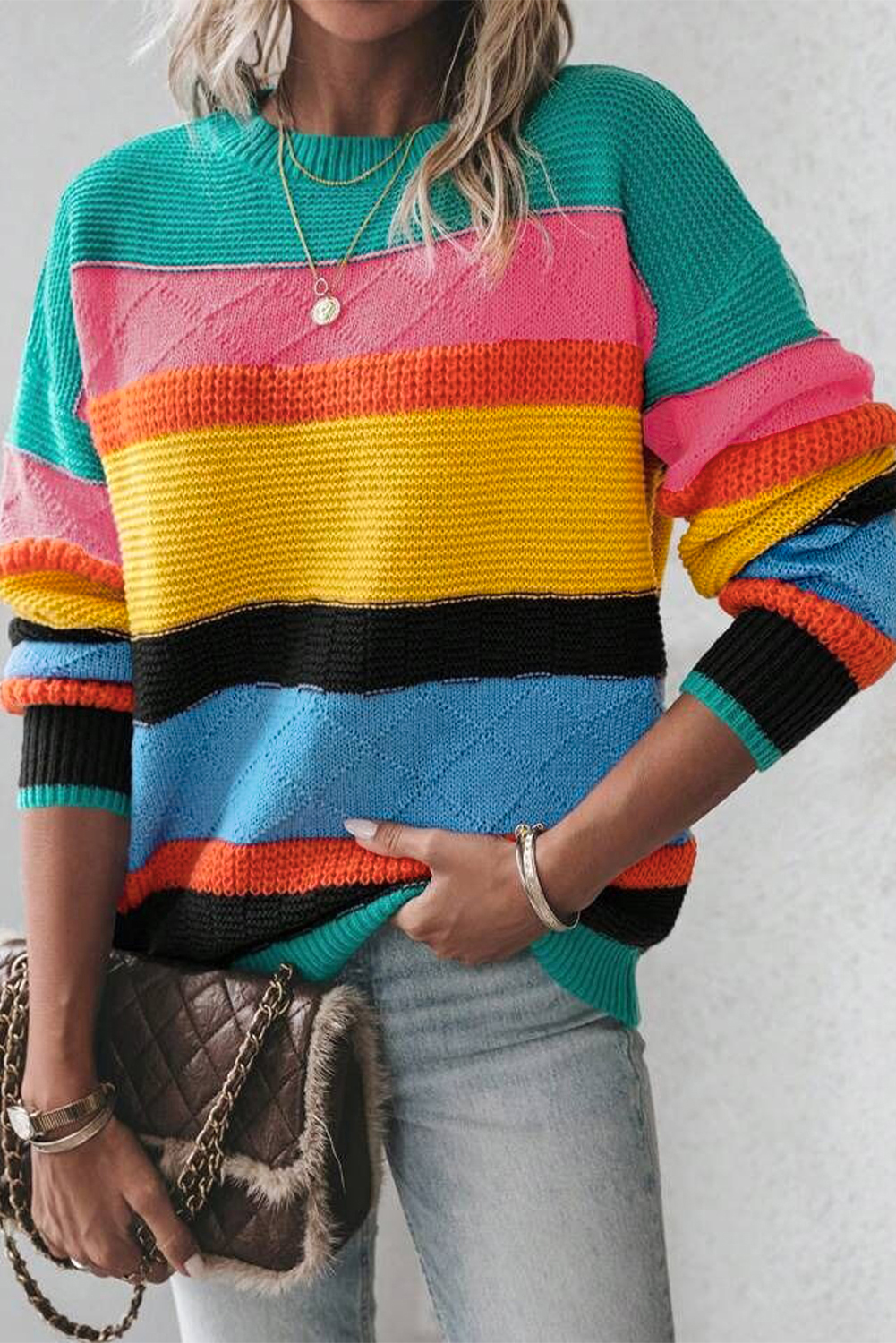 Yellow Colorblock Mixed Textured Drop Shoulder Sweater - loveforevers