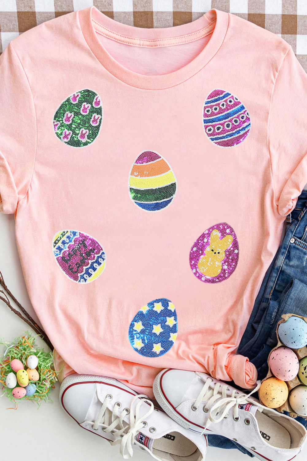 Pink Sequin Easter Eggs Graphic Crewneck T Shirt - loveforevers