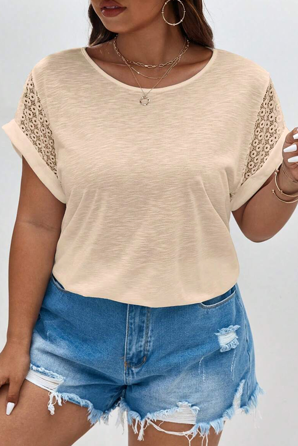 Parchment Lace Patchwork Short Sleeve Round Neck Plus Size Summer Top - loveforevers
