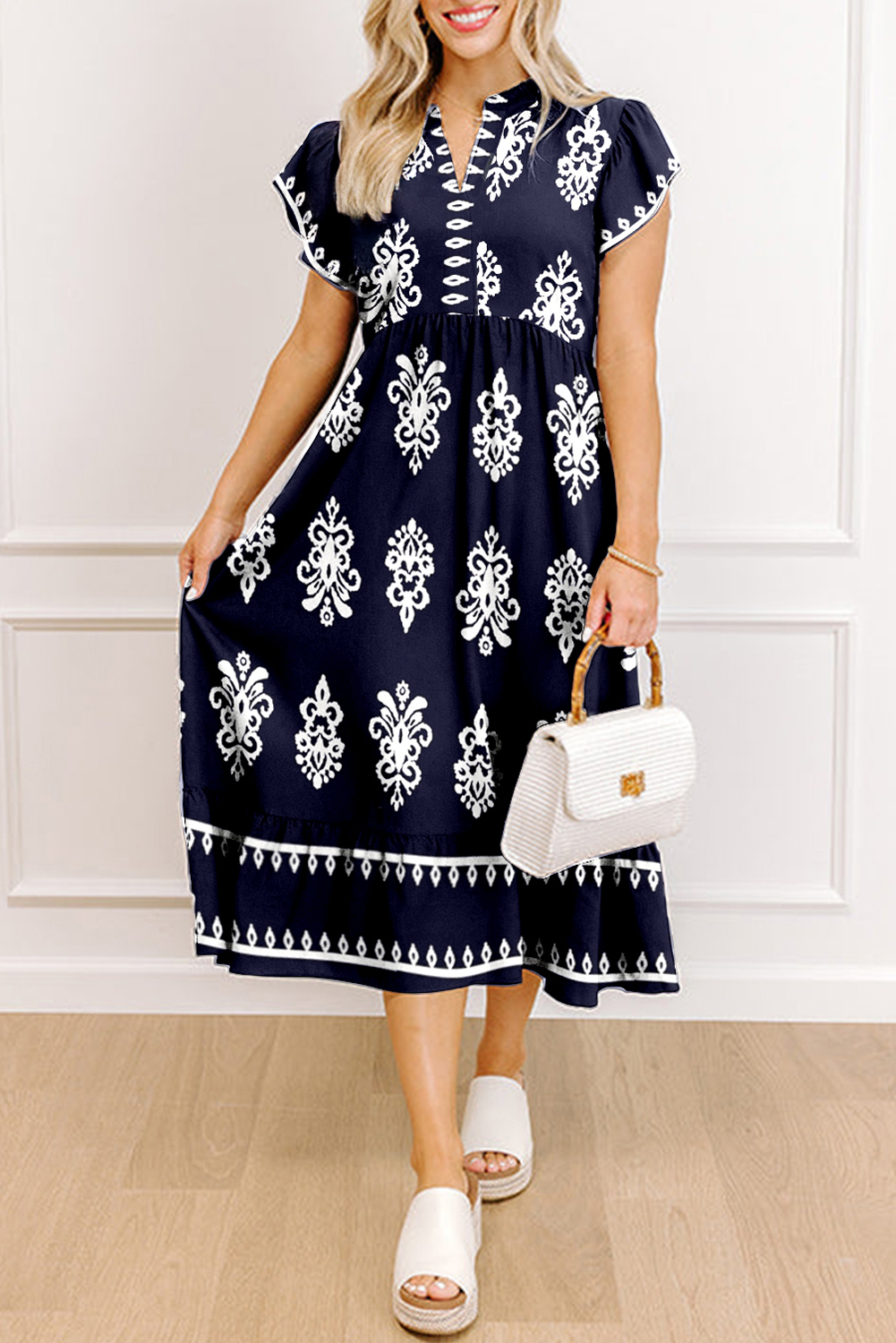 Blue Western Ethnic Print Notched Neck Short Sleeve Midi Dress - loveforevers