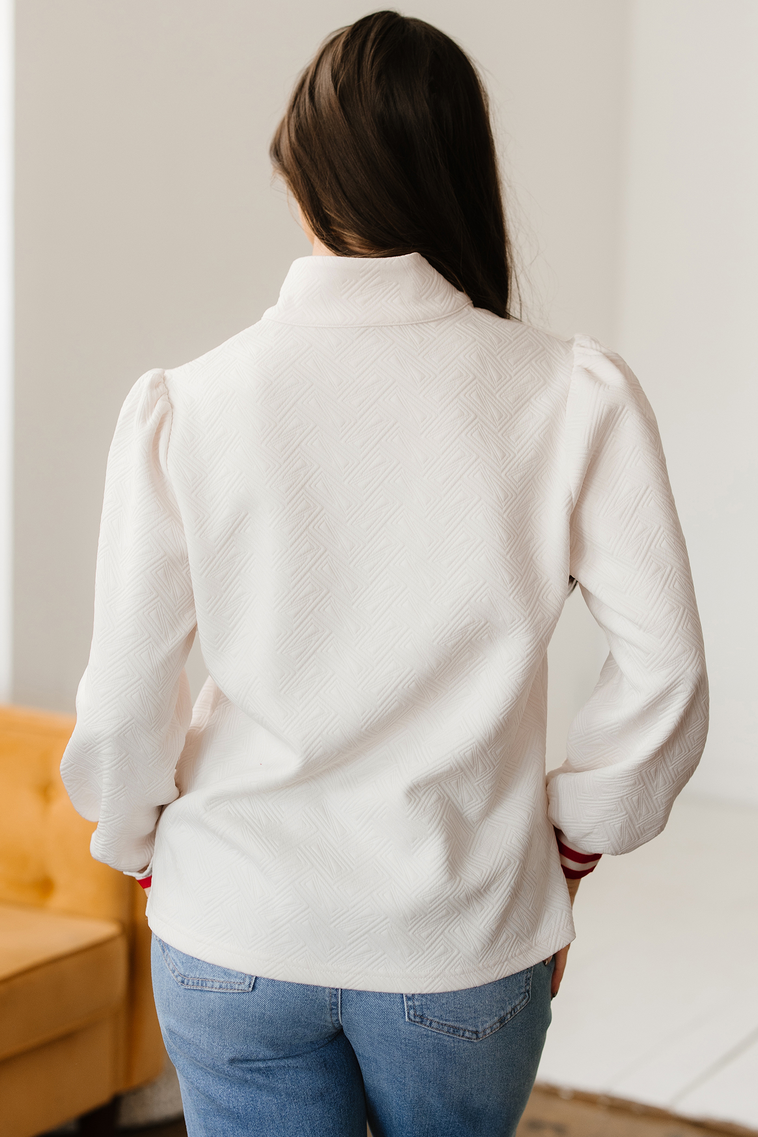 White Textured Knit Contrast Striped Accent Zipped Collar Pullover Top - loveforevers