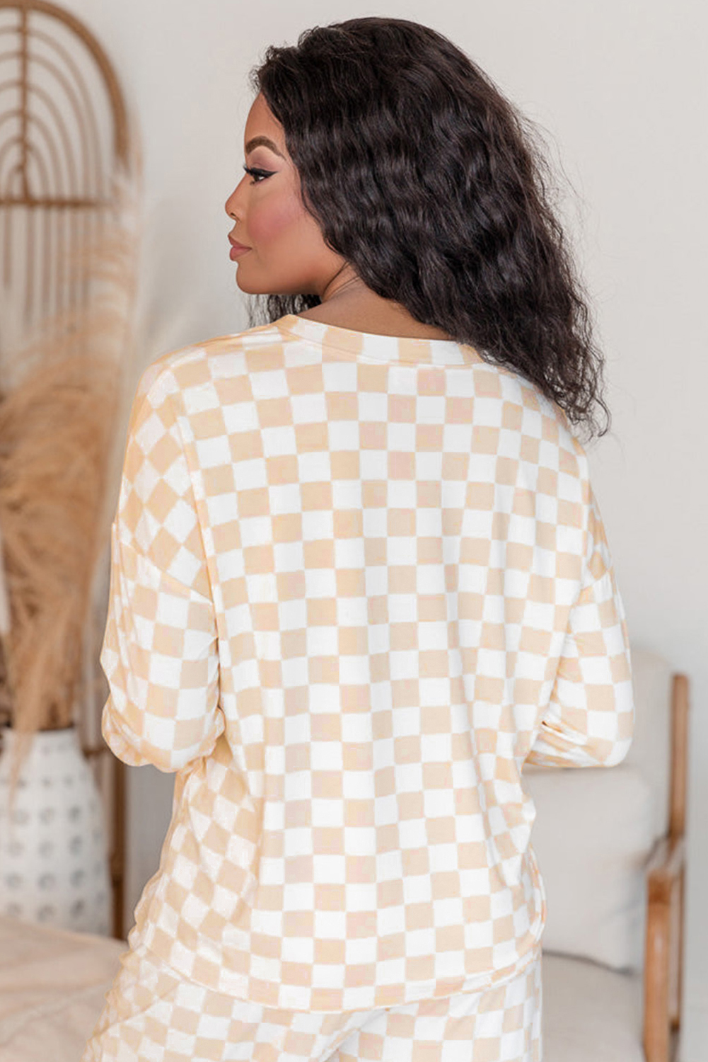 Beige Checkered Print Long Sleeve Top and Pants Lounge Set - loveforevers