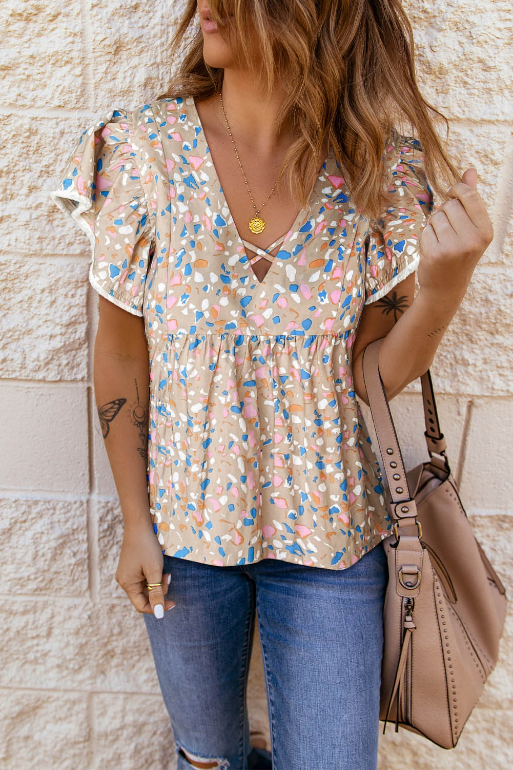 Khaki Crisscross V Neck Ruffle Sleeve Printed Flowy Blouse - loveforevers