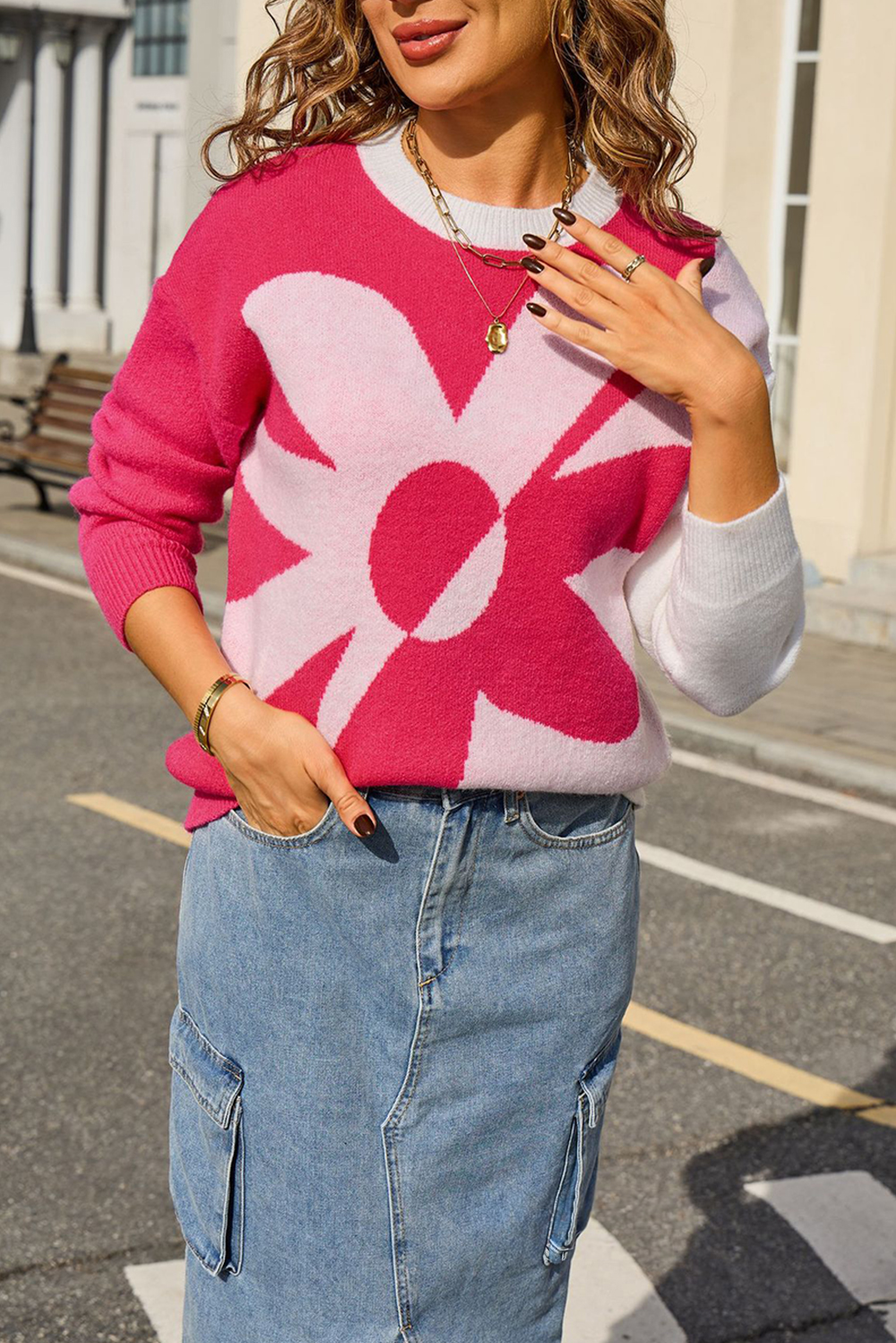 Black 2-tone Contrast Flower Pattern Drop Shoulder Bulk Sweater - loveforevers