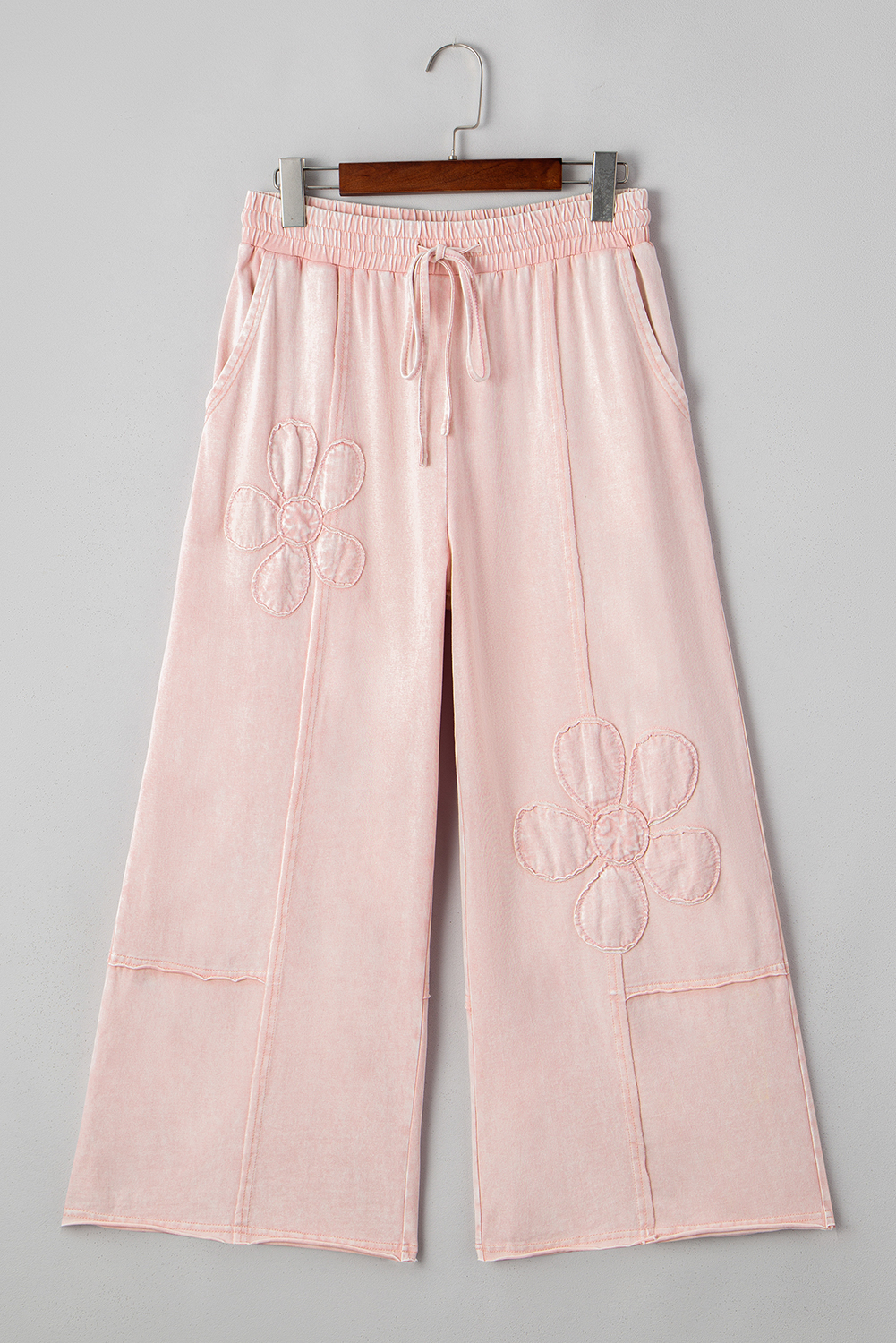 Pink Flower Patch Mineral Washed Terry Knit Cropped Wide Leg Pants - loveforevers