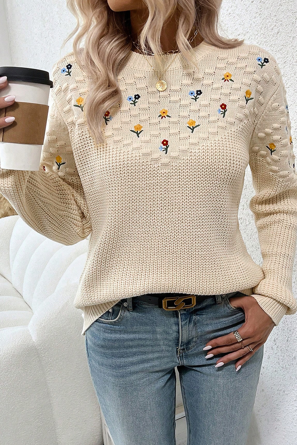 Jet Stream Mixed Texture Knit Flower Embroidered Detail Casual Sweater - loveforevers