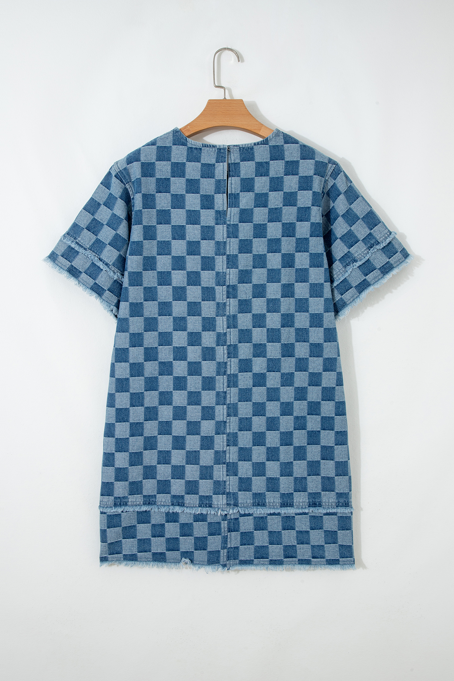 Sky Blue Frayed Hem Checkered Denim Mini Dress - loveforevers