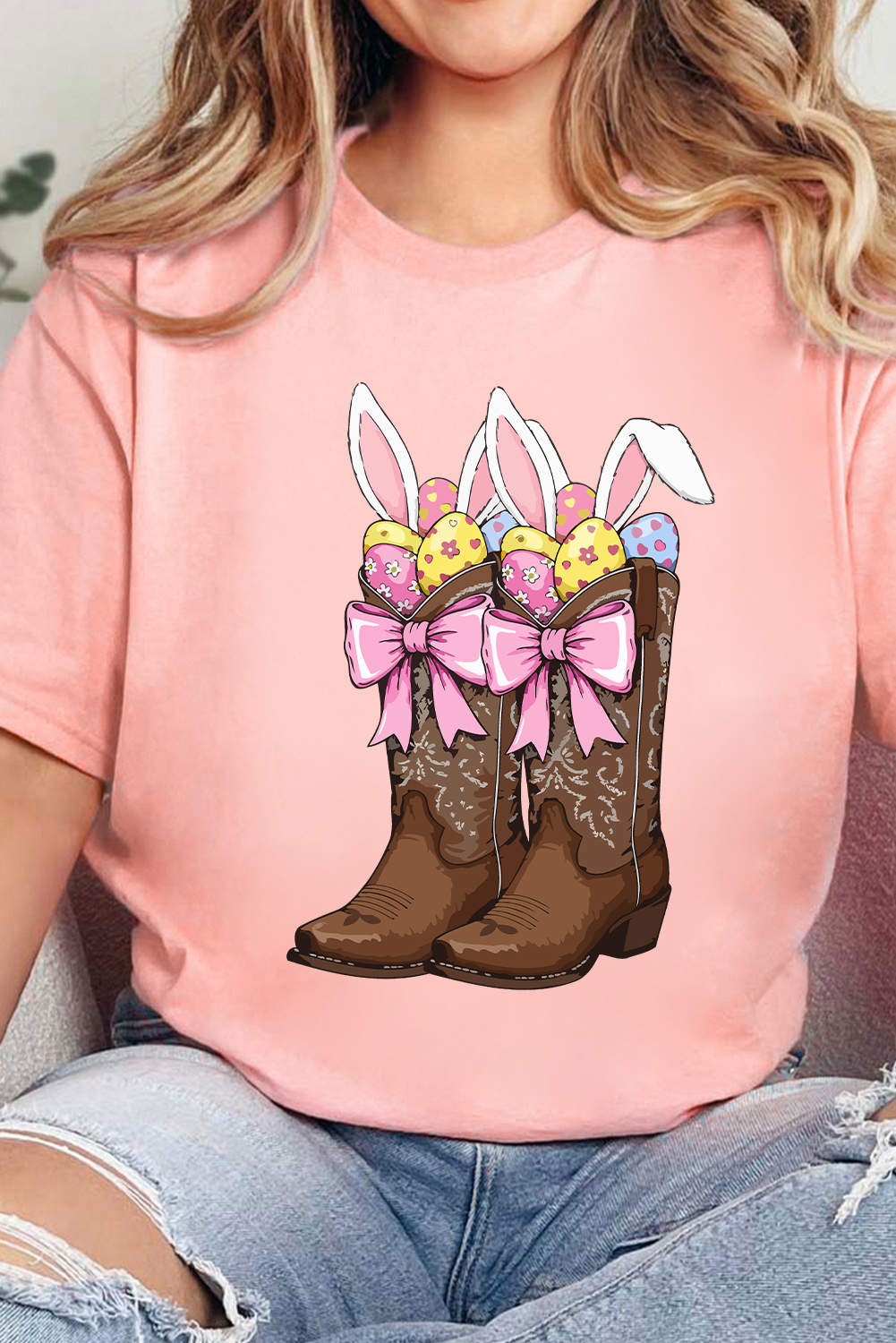 Pink Easter Eggs Bunny Ear Bow Boots Printed Tee - loveforevers