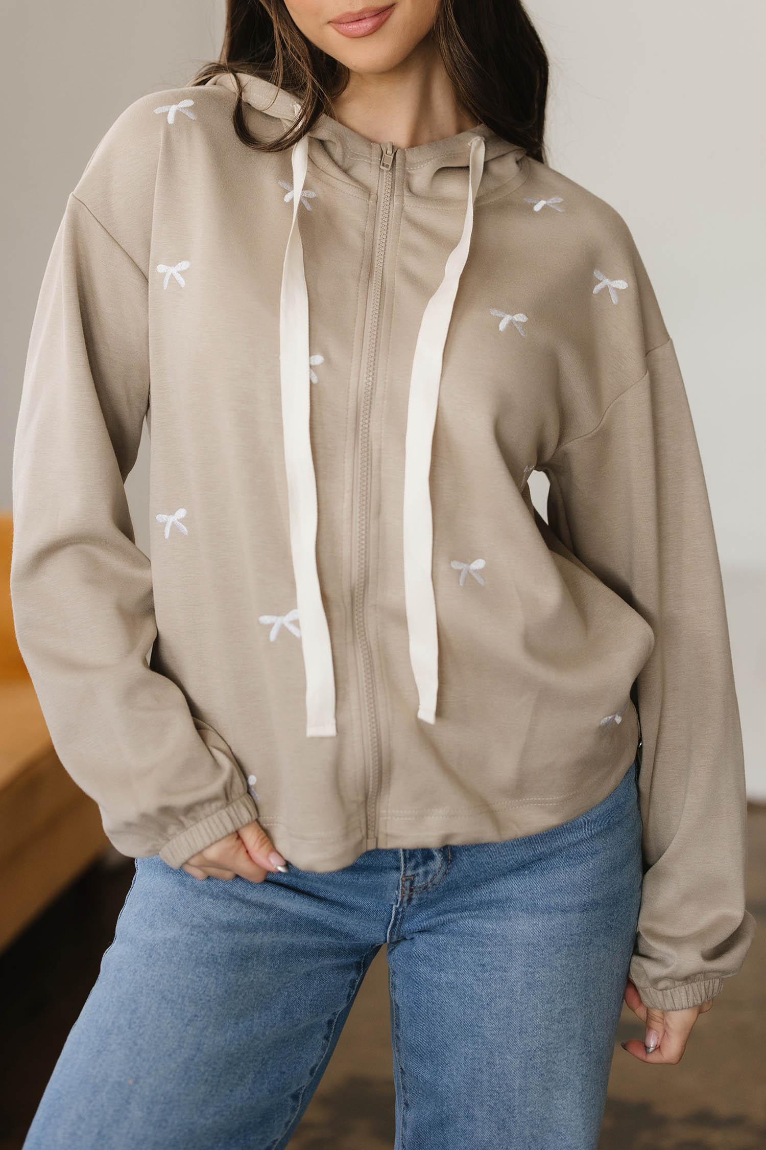Goat Contrast Bow Embroidered Zip Up Jacket Hoodie - loveforevers