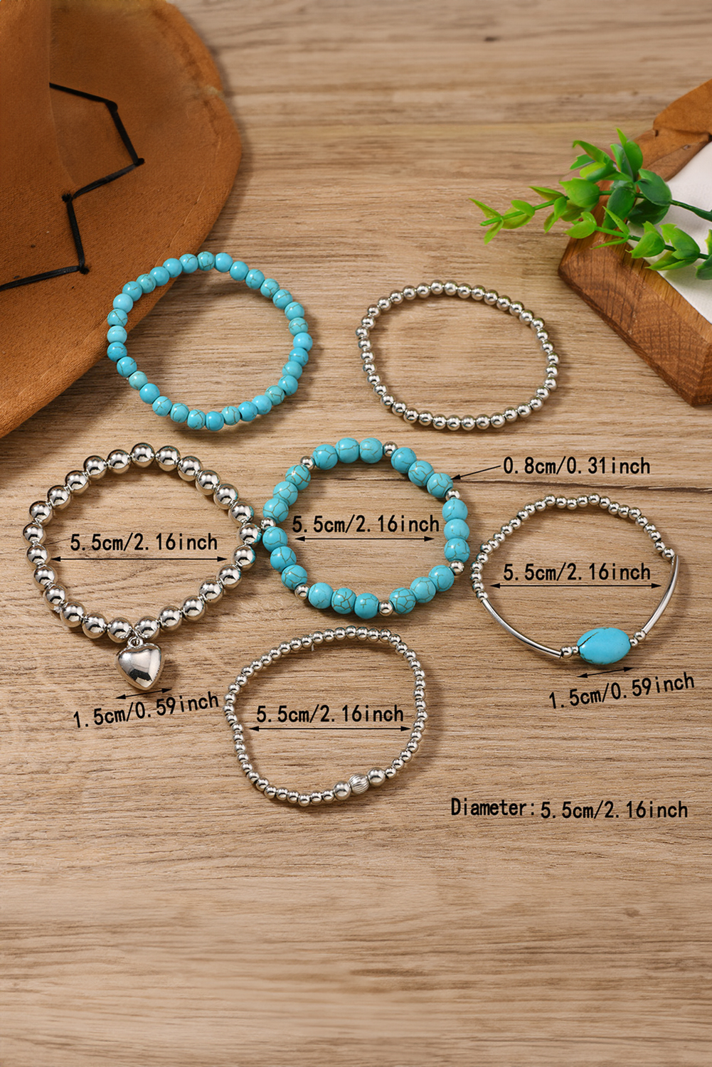 Silvery Pleated Heart Charm Beaded Turquoise Multilayer 6pcs Bracelet Set - loveforevers
