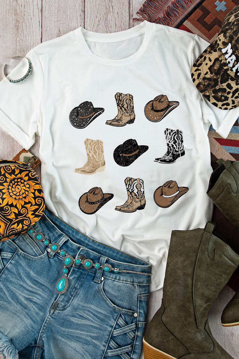 White Cowboys Boots Western Fashion Print T Shirt - loveforevers
