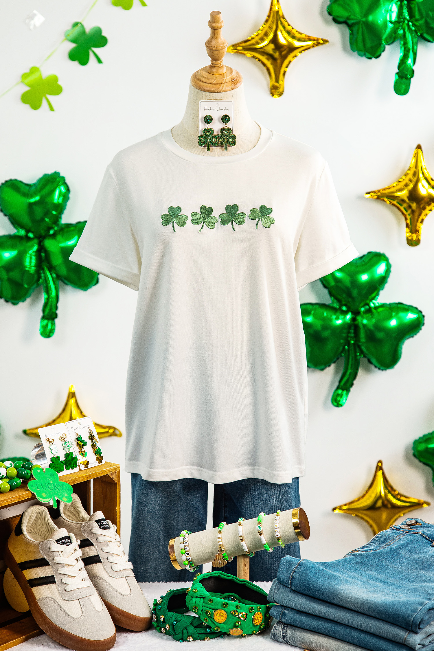 White Embroidered Clover St Patricks Fashion Graphic Tee - loveforevers