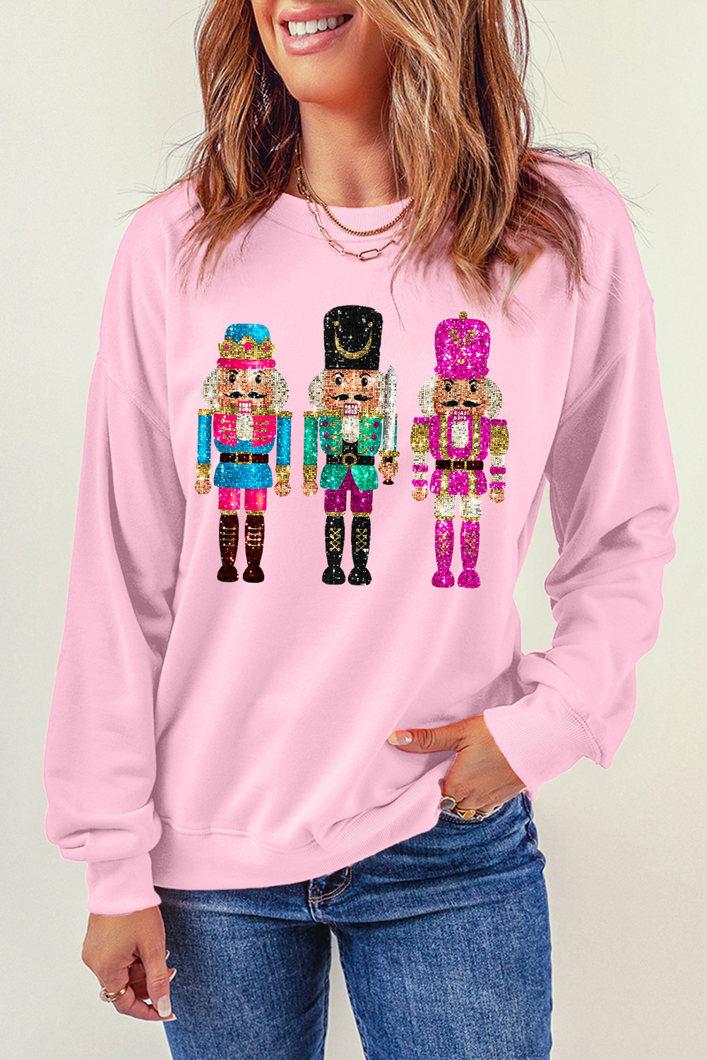 Pink Cute Nutcracker Printed Drop Shoulder Christmas Sweatshirt - loveforevers