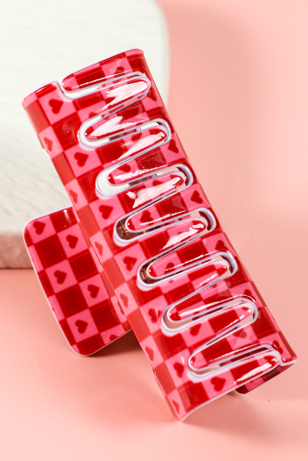 Racing Red Heart Checkered Print Cut Out Hair Claw Clip - loveforevers