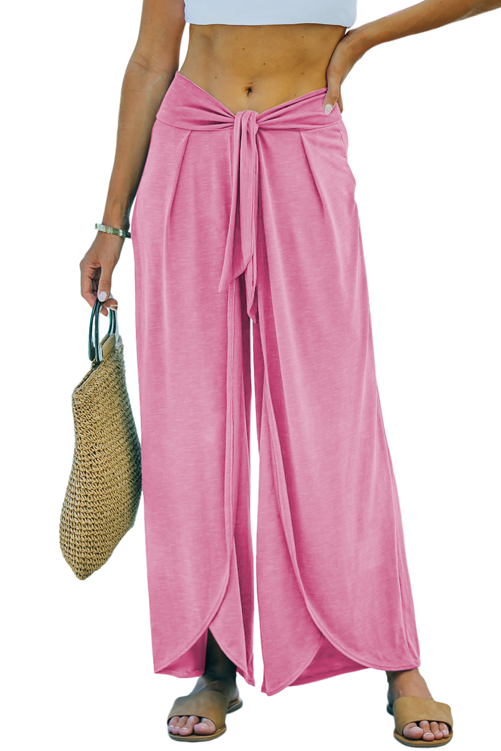 Medium Grey Knotted Drop Waist Split Leg Relaxed Pants - loveforevers