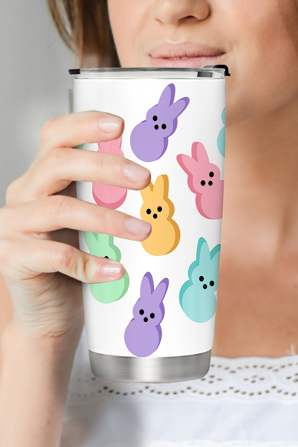 White Cute Bunny Printed Stainless Steel Thermal Vacuum Cup 20oz - loveforevers