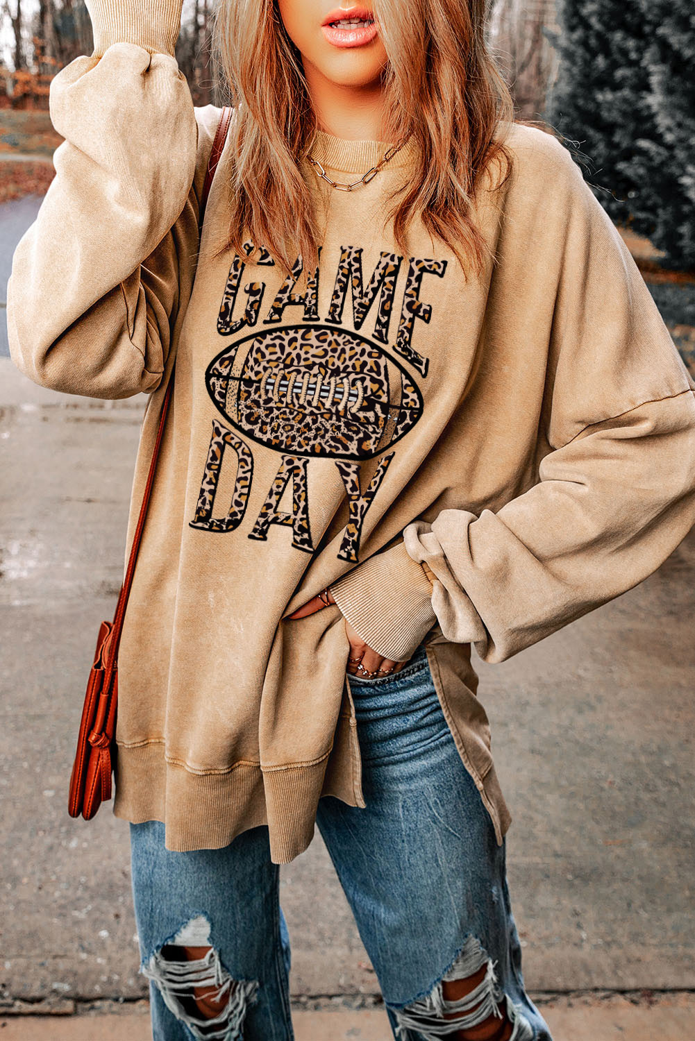 Khaki Loose Leopard Rugby Football GAME DAY Graphic Sweatshirt - loveforevers