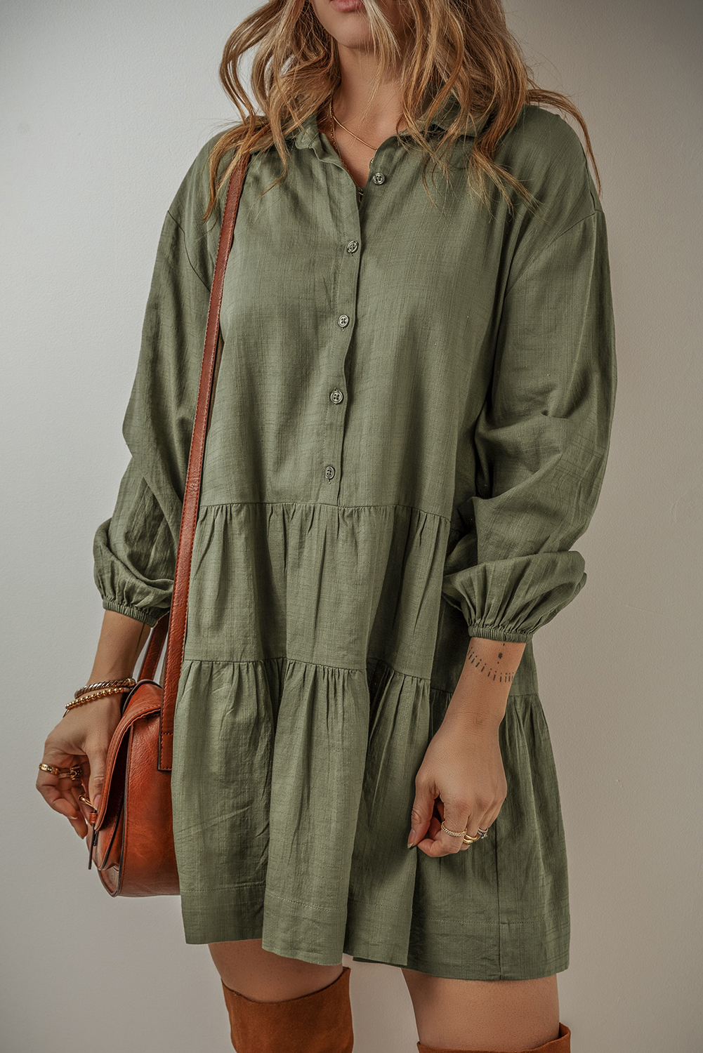 Jungle Green Puff Sleeve Buttoned Tiered Pleated Shirt Mini Dress - loveforevers