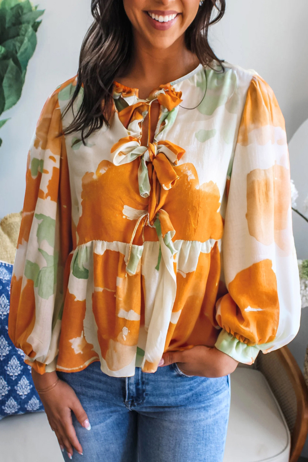 Carrot Abstract Floral Print Bow Tie Long Puff Sleeve Blouse - loveforevers