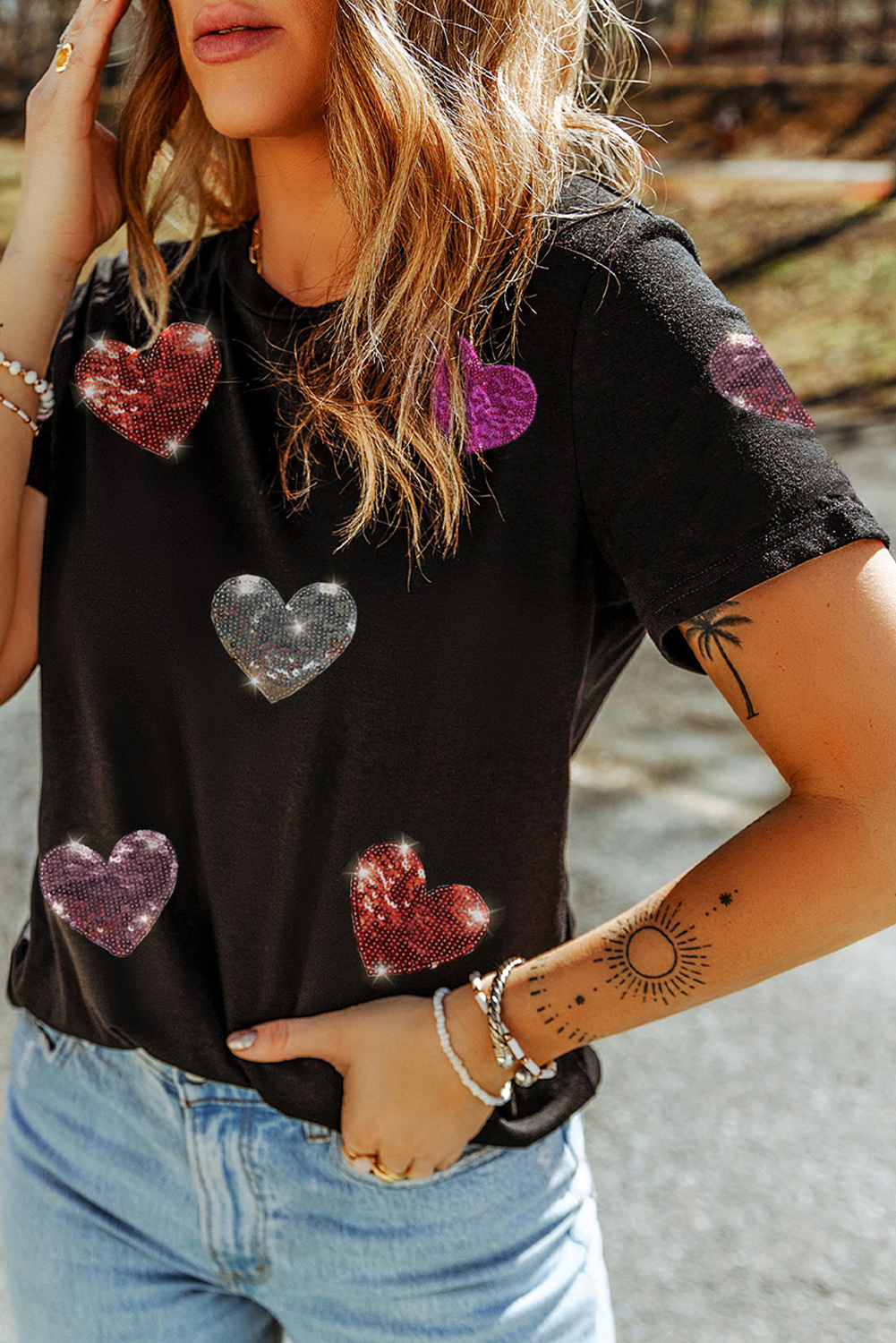 Black Sequin Heart Patched Pattern Crewneck Valentines Tee - loveforevers