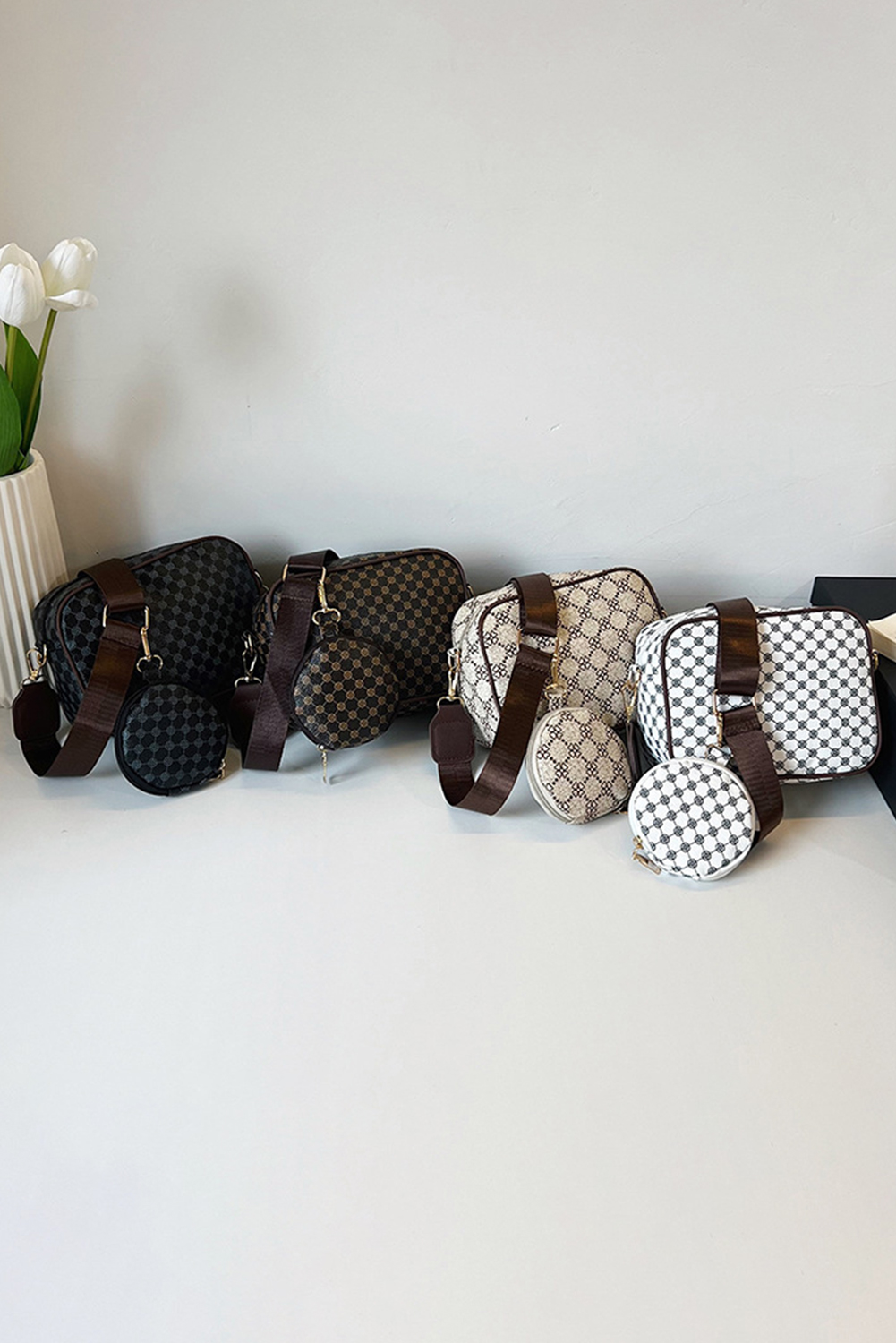 Coffee Checkered Print PU Leather Shoulder Bag with Coin Wallet - loveforevers
