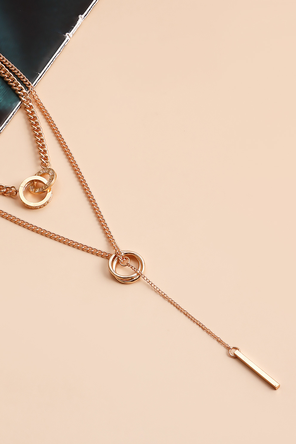 Gold Plated Double Layer O-Ring Long Stick Pendant Chain Necklace - loveforevers