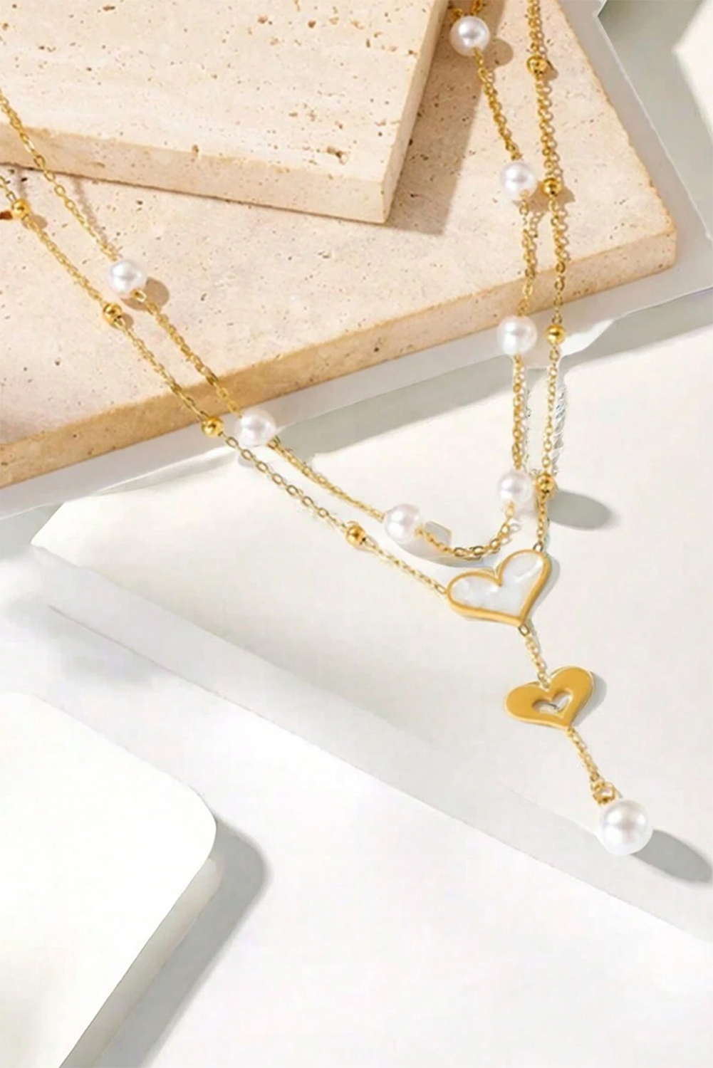 Gold Heart Pearl Double Layer Adjustable Chain Necklace - loveforevers