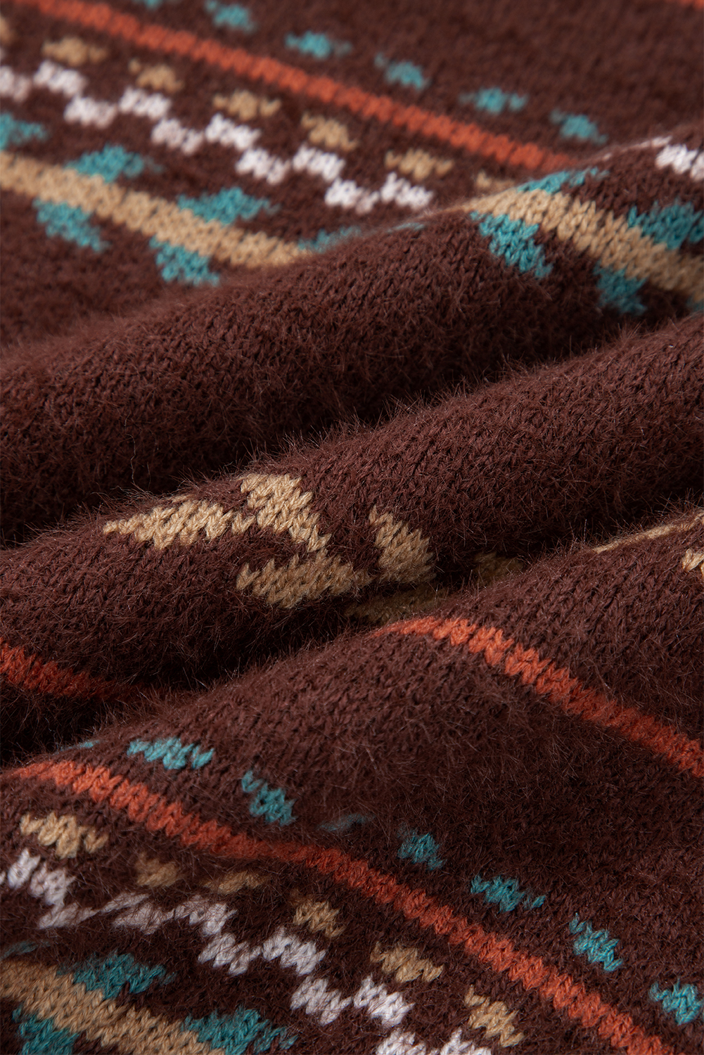 Brown Ethnic Pattern Mohair Knitted Drop Shoulder Sweater - loveforevers