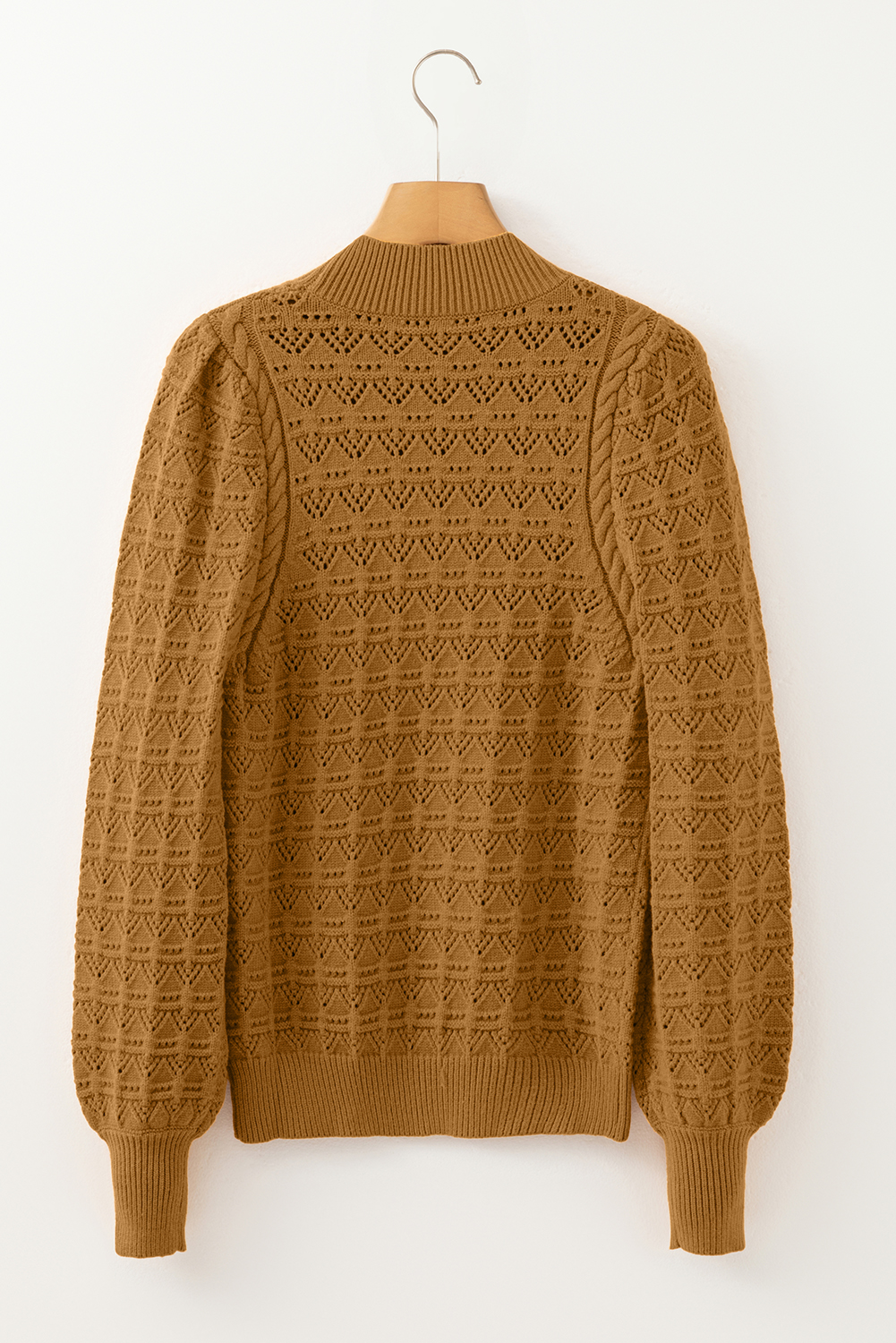 Jurassic Gold Hollow Out Crochet Ribbed Edge Balloon Sleeve Sweater - loveforevers
