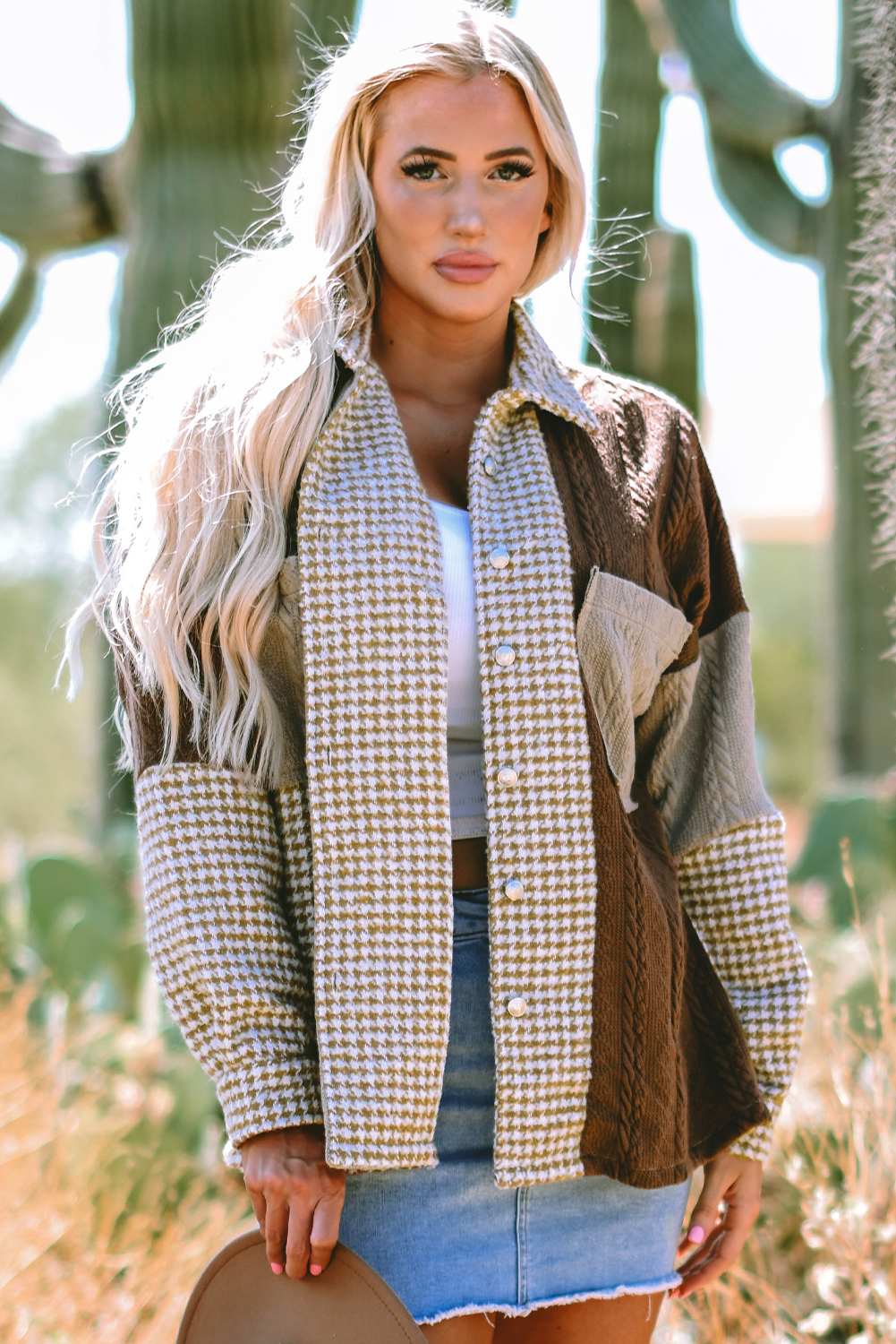 Khaki Houndstooth Color Contrast Textured Patchwork Loose Shacket - loveforevers