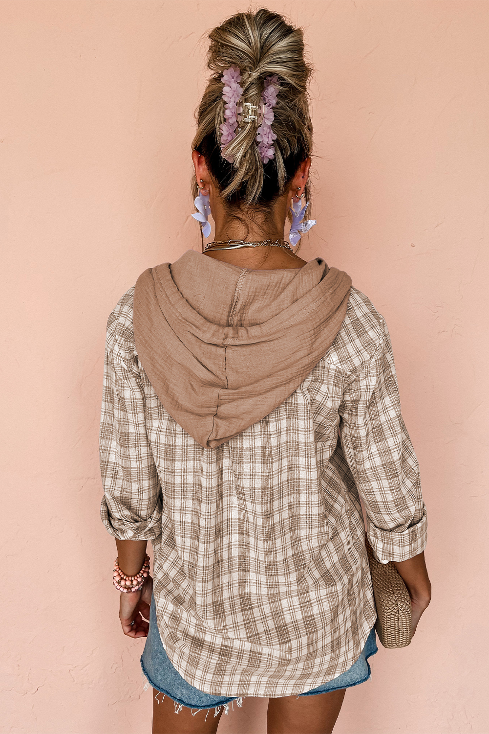 Khaki Checkered Print Loose Fit Buttoned Hooded Shacket - loveforevers