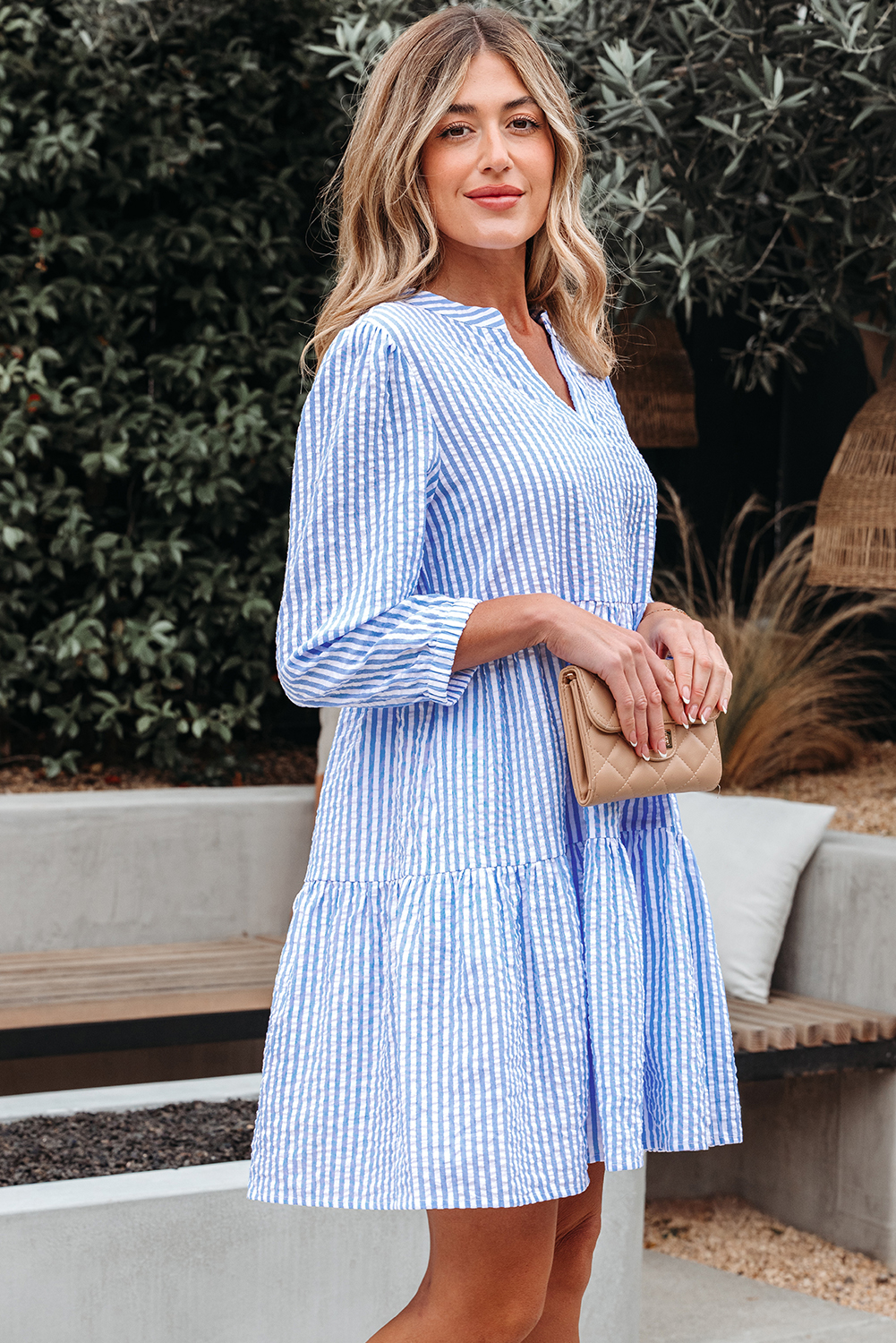 Sky Blue Stripe Bracelet Sleeve Tiered Shift Dress with Pockets - loveforevers