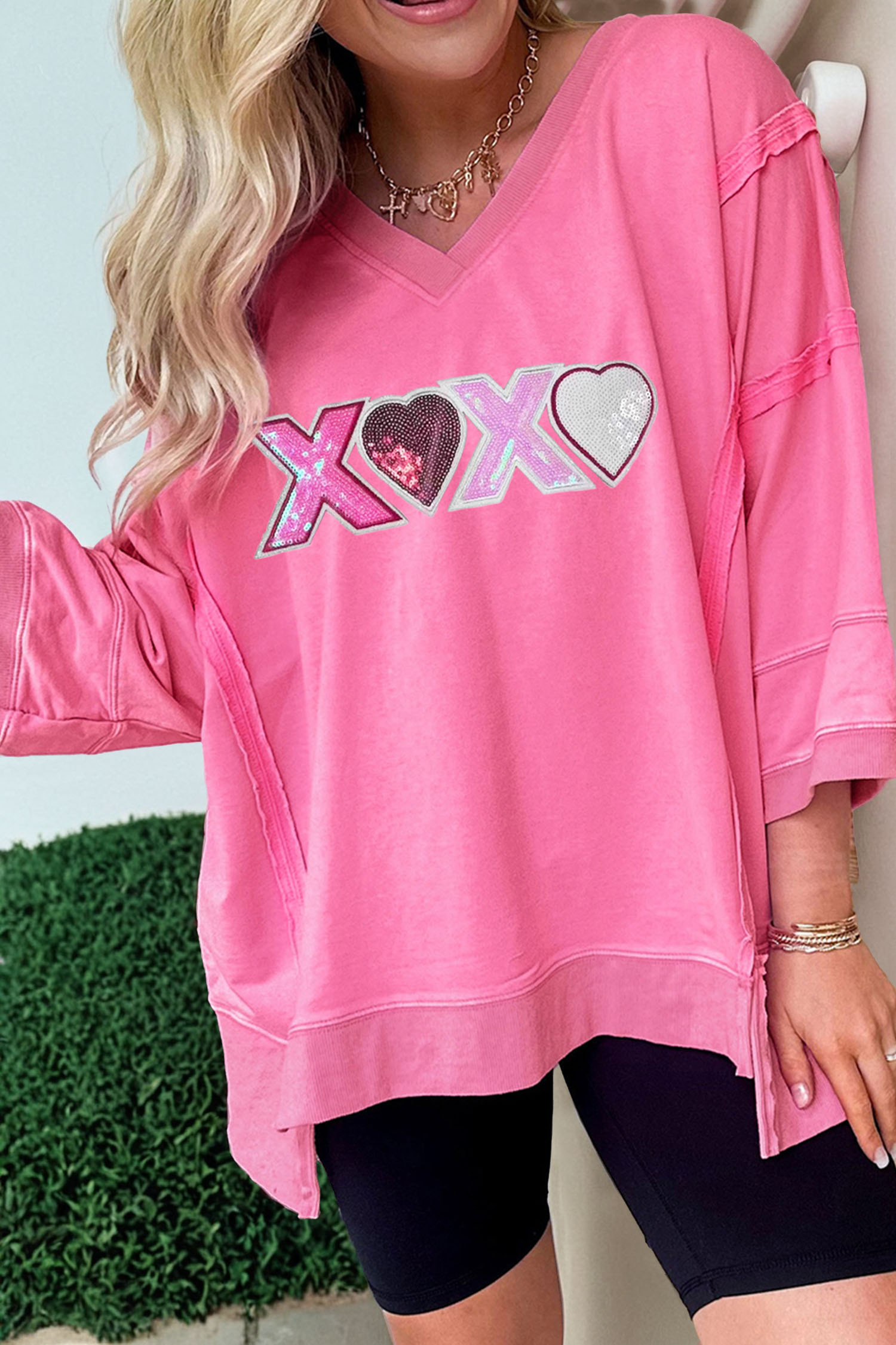 Bonbon Raw Seam Detail XOXO Sequin Patched Graphic V Neck 3/4 Sleeve Top - loveforevers