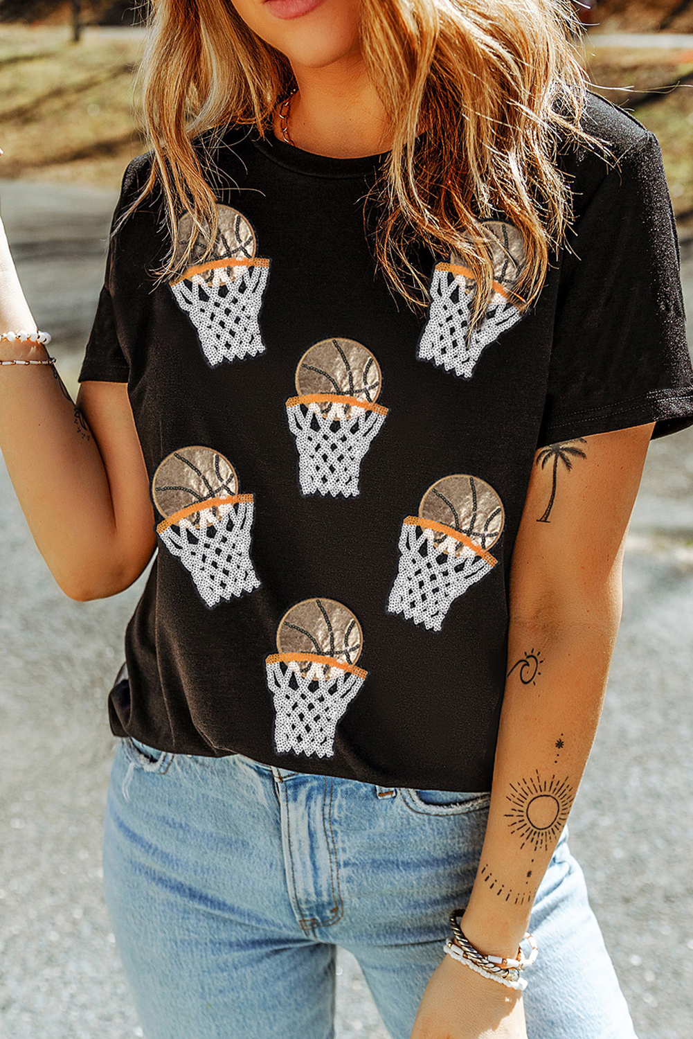 Black Sequin Basketball Patched Graphic Game Day T Shirt - loveforevers