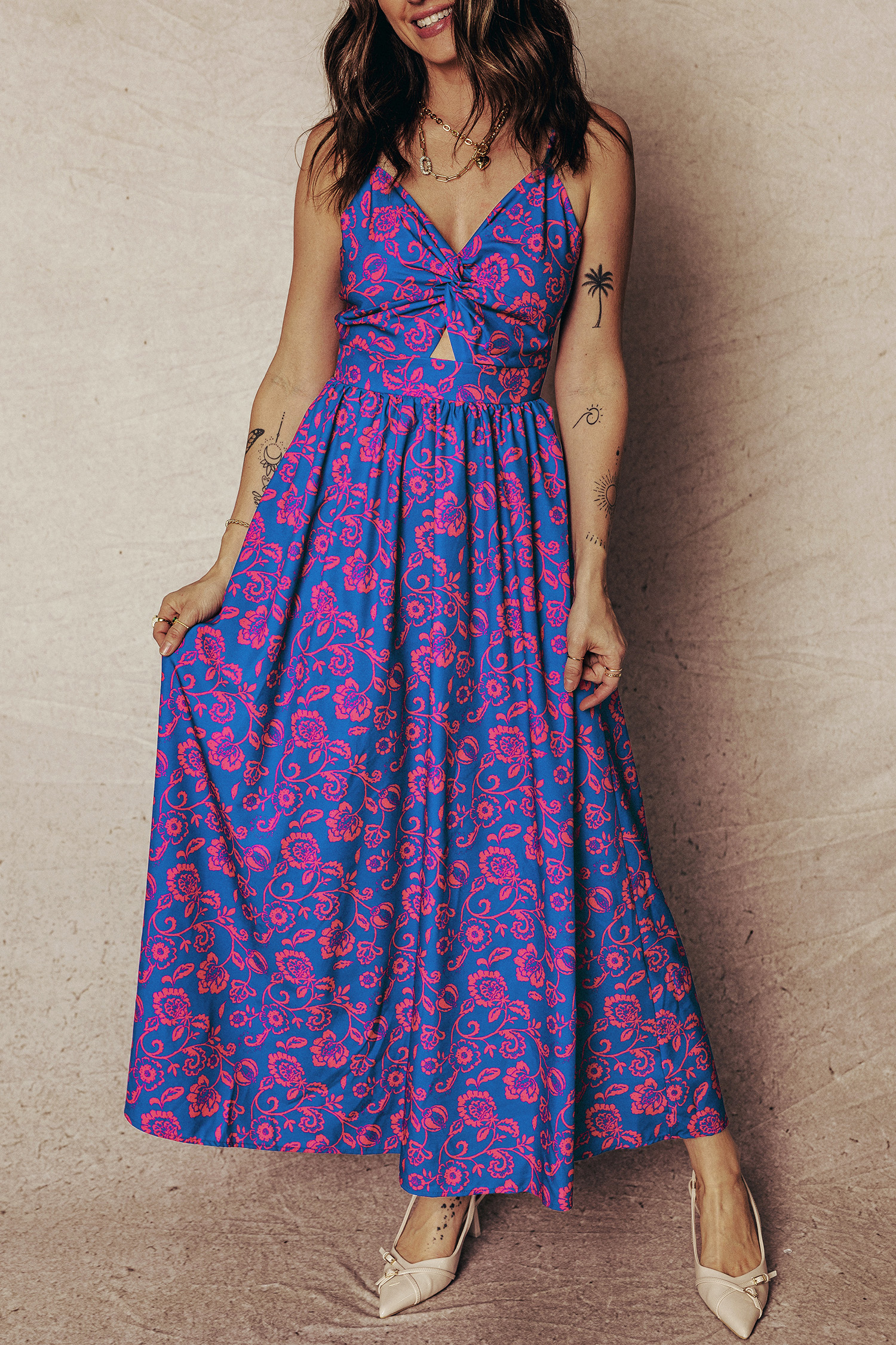 Blue Floral Print Twisted V Neck Tied Backless Maxi Dress - loveforevers
