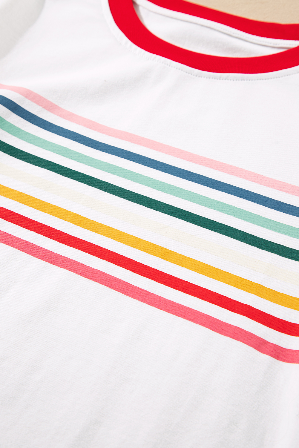 White Rainbow Stripe Print Contrast Crewneck T Shirt - loveforevers