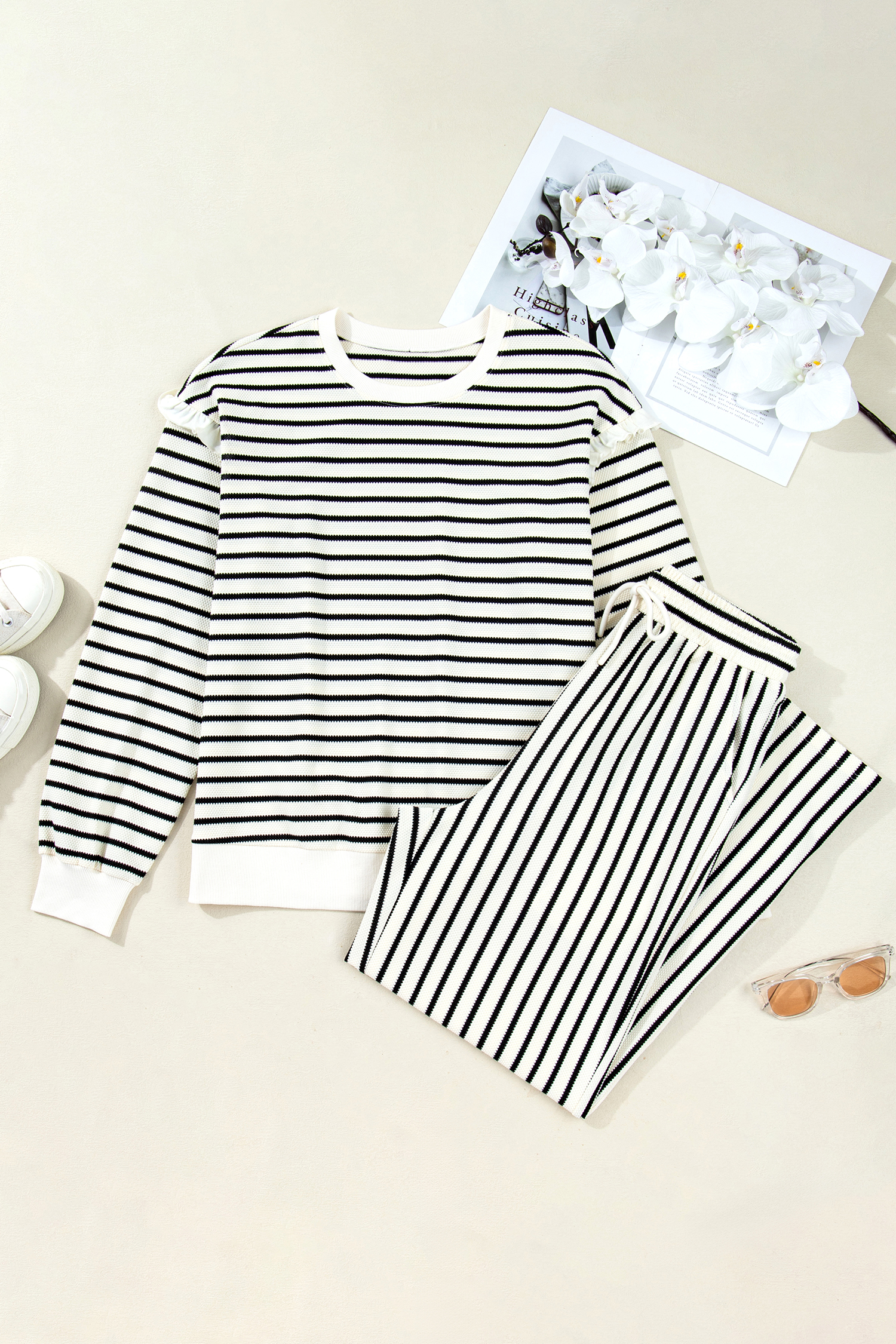 White Stripe Ruffle Trim Drop Shoulder Top Drawstring Loose Pant Set - loveforevers