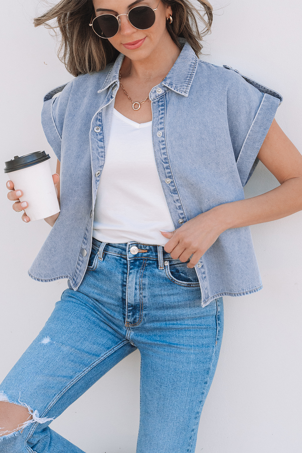 Dusk Blue Denim Pinup Folded Cap Sleeve Shirt - loveforevers