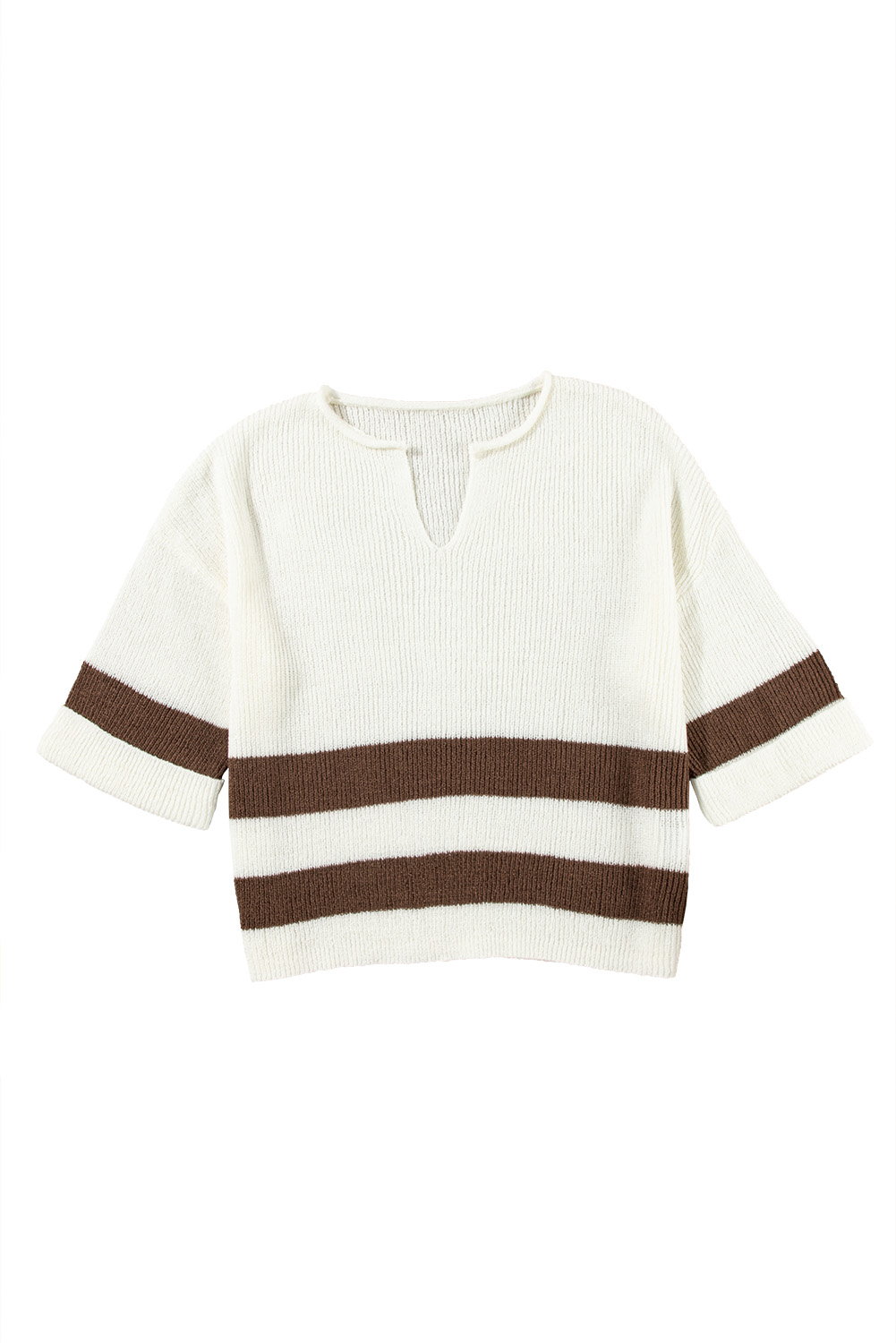 Brown Striped Accent Notched V Neck Cropped Sweater T Shirt - loveforevers