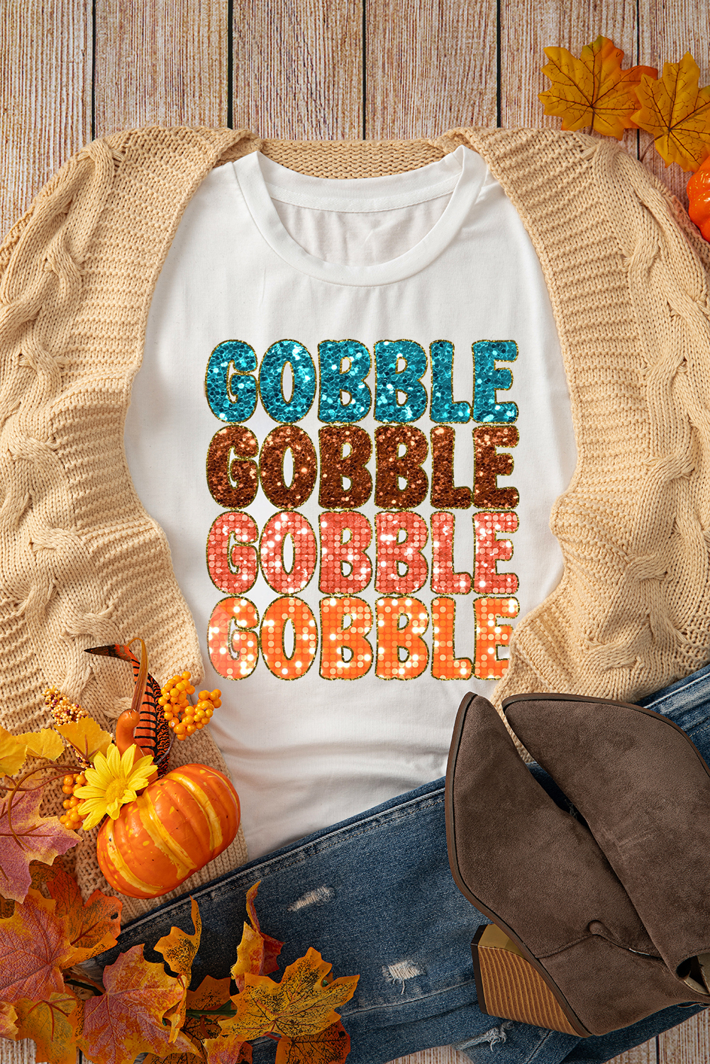 White Heat Transfer GOBBLE Graphic Crewneck Thanksgiving T Shirt - loveforevers