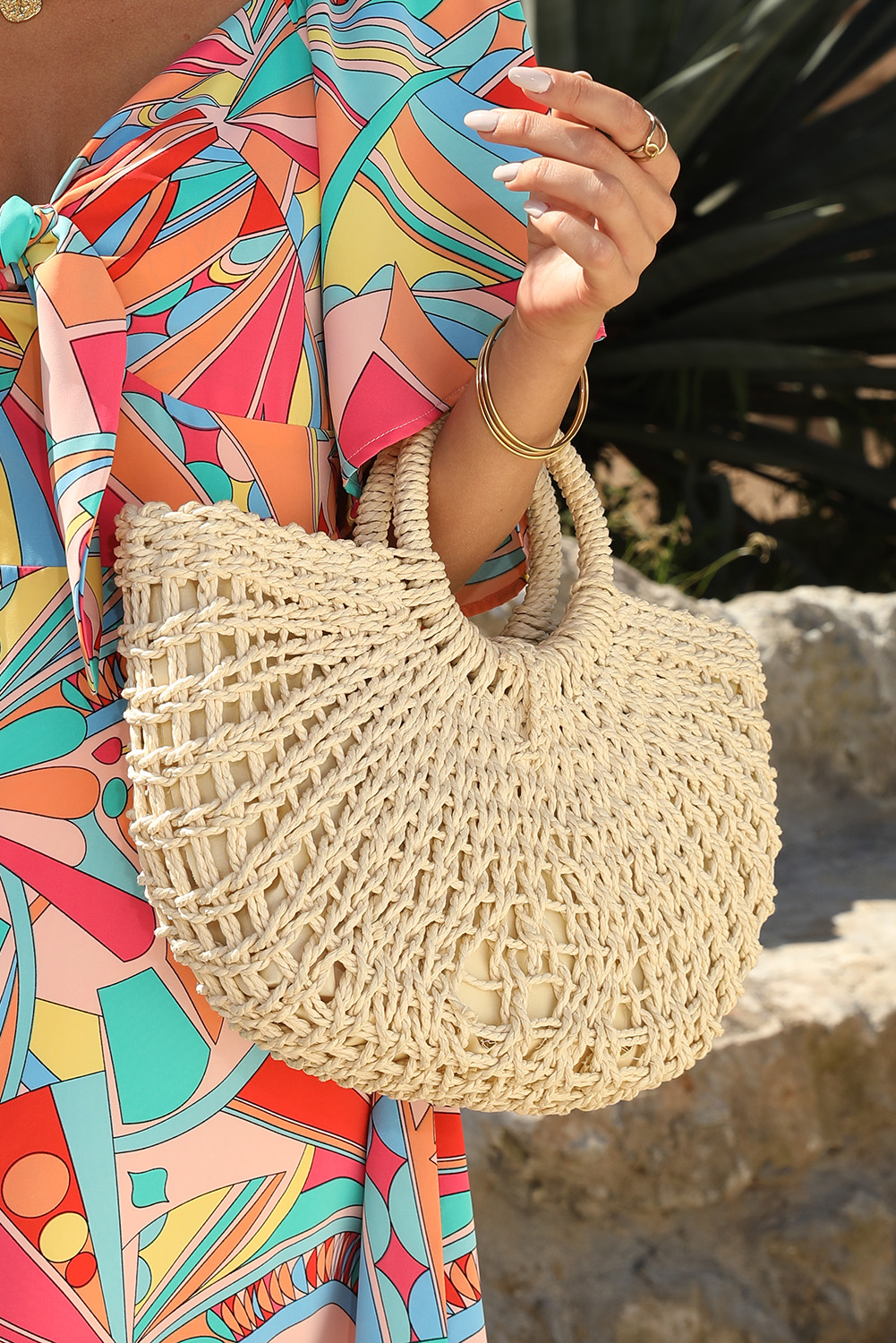 Beige Bamboo Weaving Semicircle Tote Handbag - loveforevers
