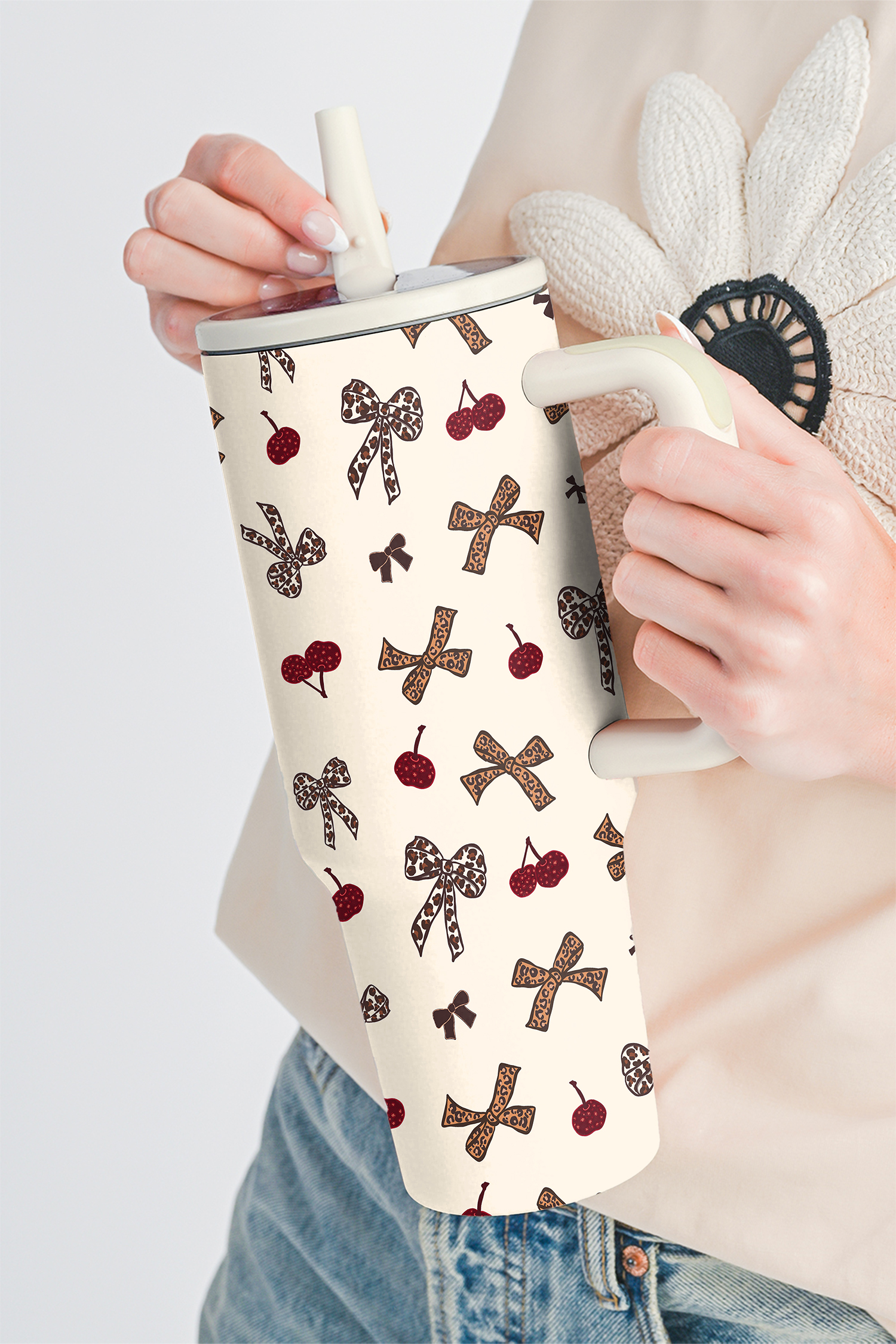 White Leopard Cheery Bow Printed Single Handle Flip Straw Travel Cup - loveforevers