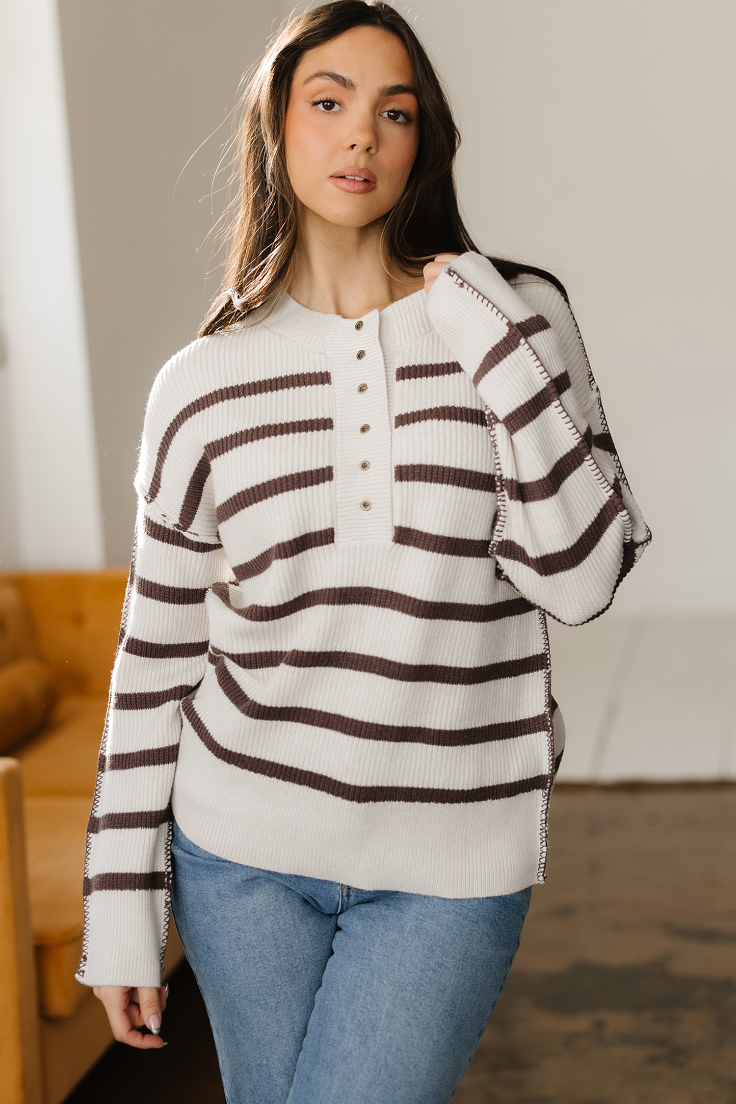 Brown Stripe Ribbed Henley Drop Shoulder Slouchy Sweater - loveforevers