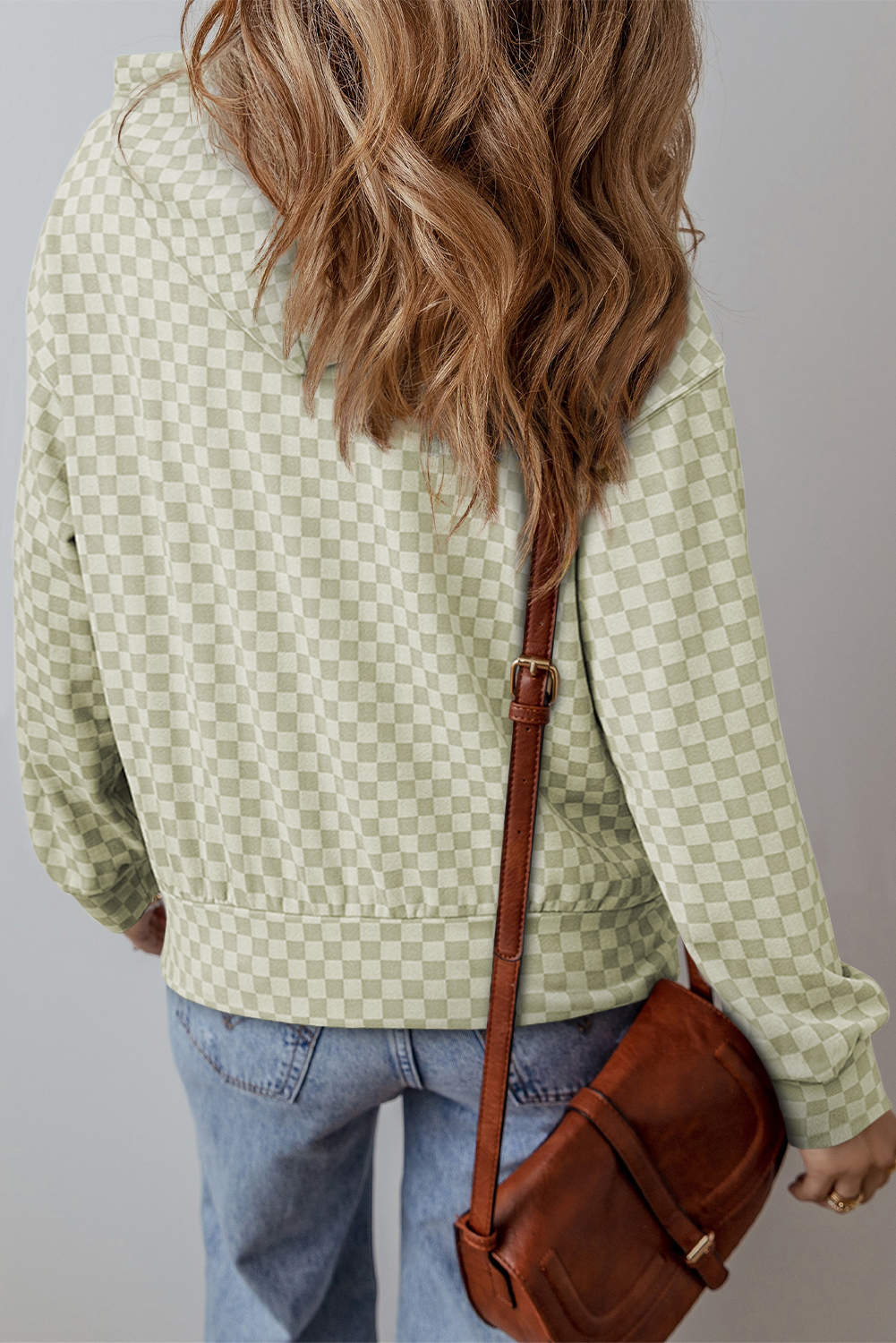 Khaki Checkered Print Kangaroo Pocket Drawstring Hoodie - loveforevers