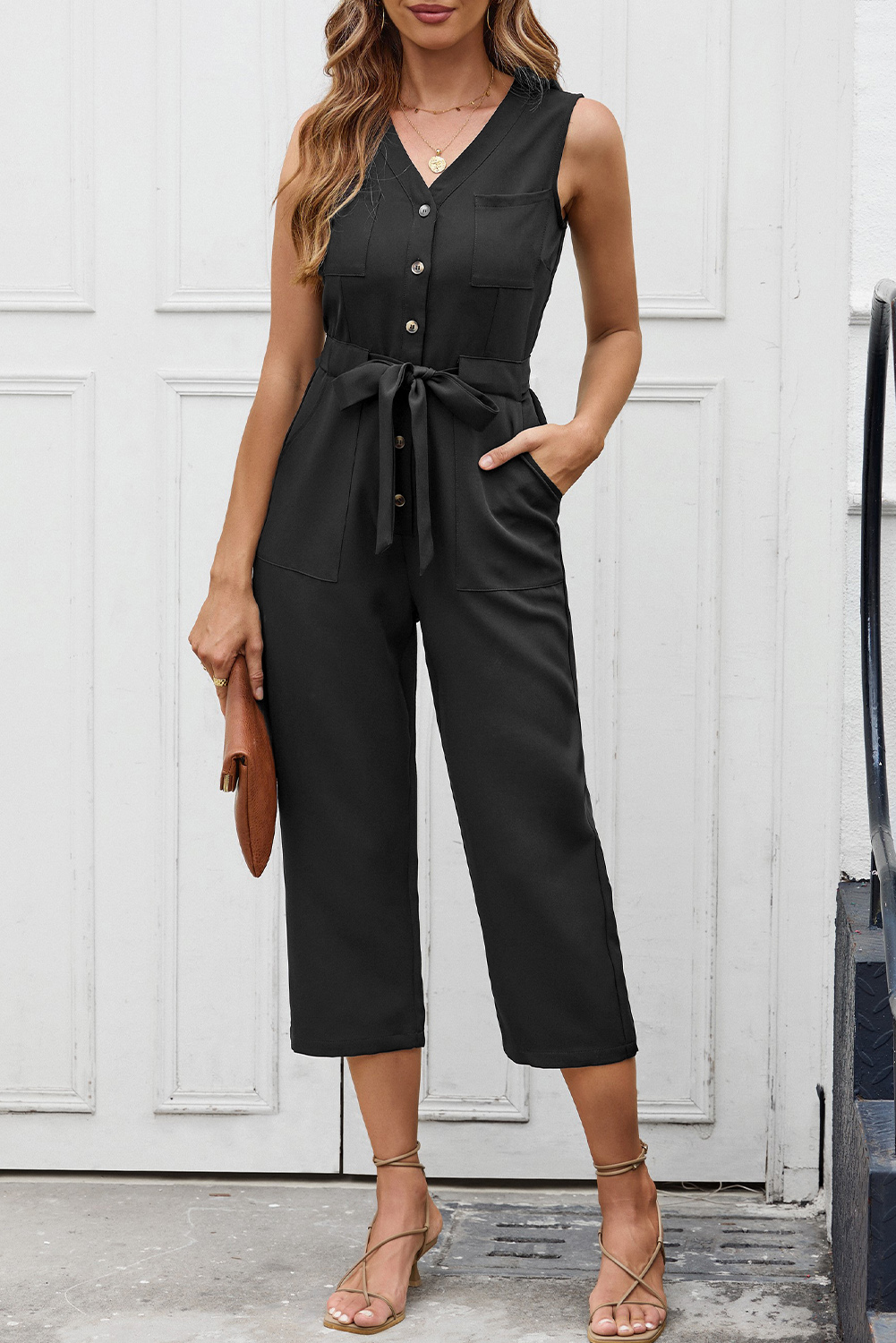 Black Buttoned Sleeveless Cropped Jumpsuit with Sash - loveforevers
