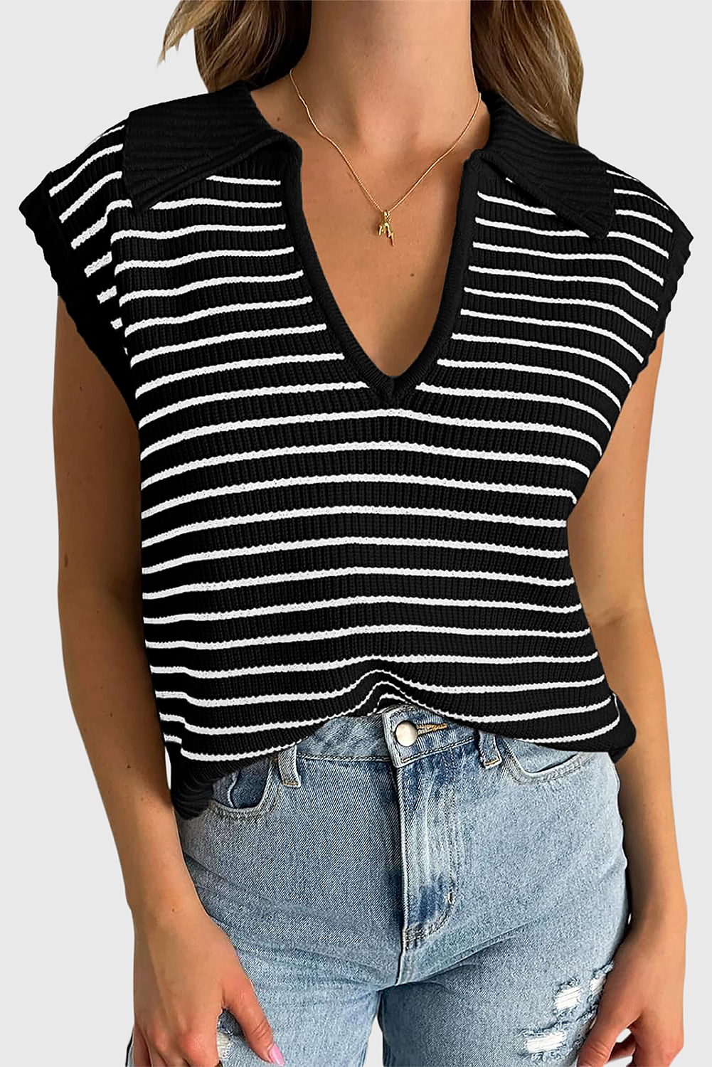 Beige Stripe Turn-down V Neck Sweater Tank Top - loveforevers