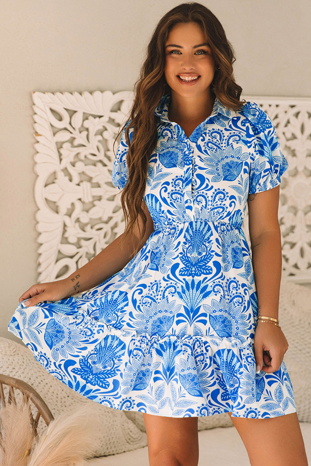 Sky Blue Retro Floral Print Drawstring Waist Ruffled Mini Dress - loveforevers