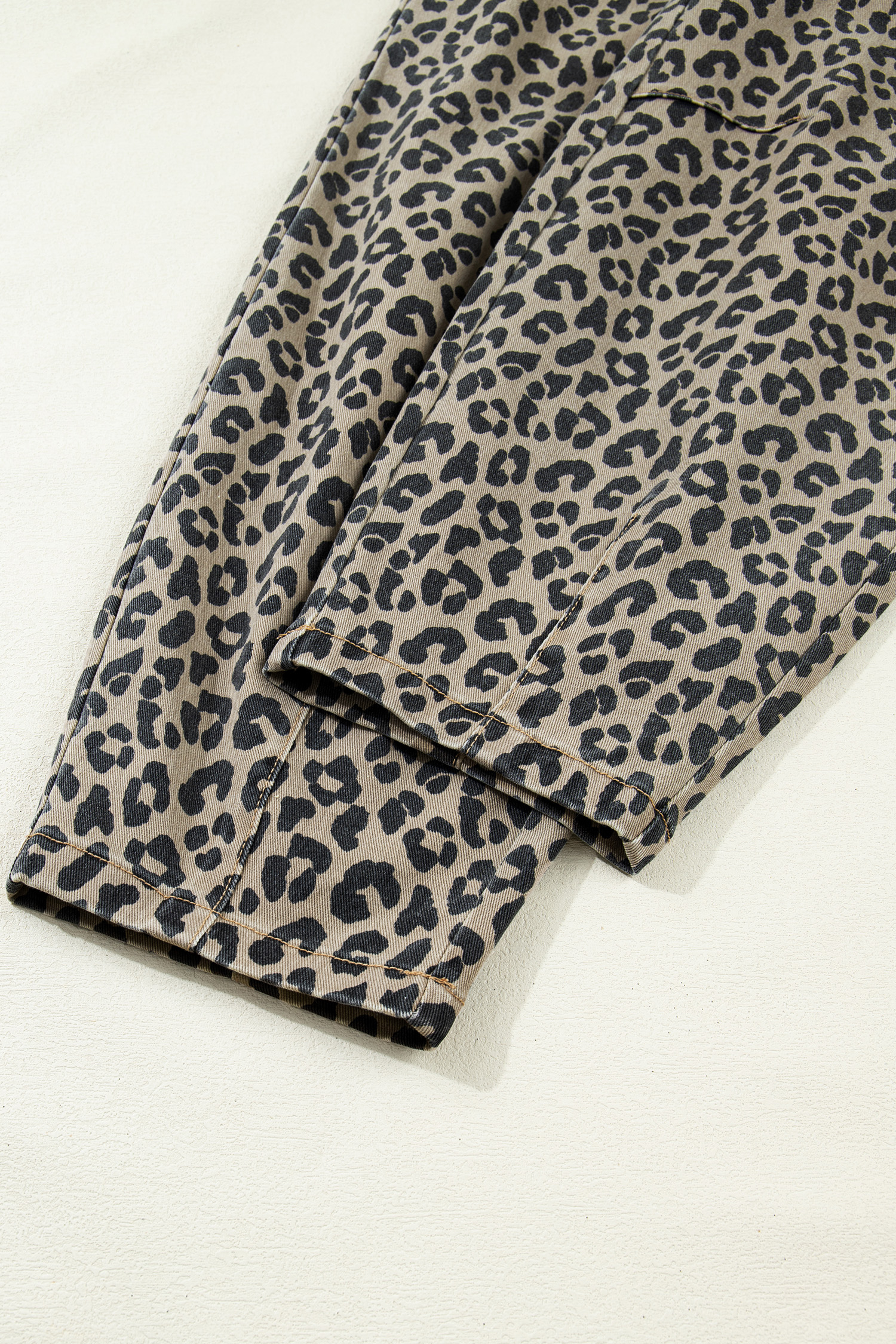 Khaki Leopard Print Drawstring Elastic Waist Loose Denim Pants with Pockets - loveforevers